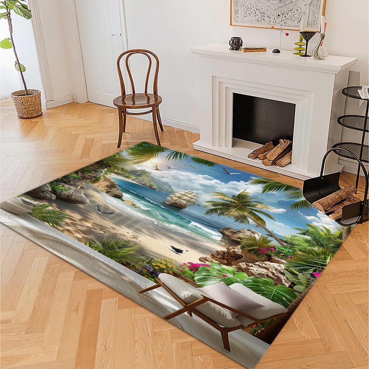 Kokosnussbaum Segelboot Meereslandschaft Waschbarer Teppich, Weich Kurzflor Teppich mit Rutschfester Unterseite, Pflegeleicht und Strapazierfähig 180x240 cm für Wohnzimmer Schlafzimmer Kinderzimmer