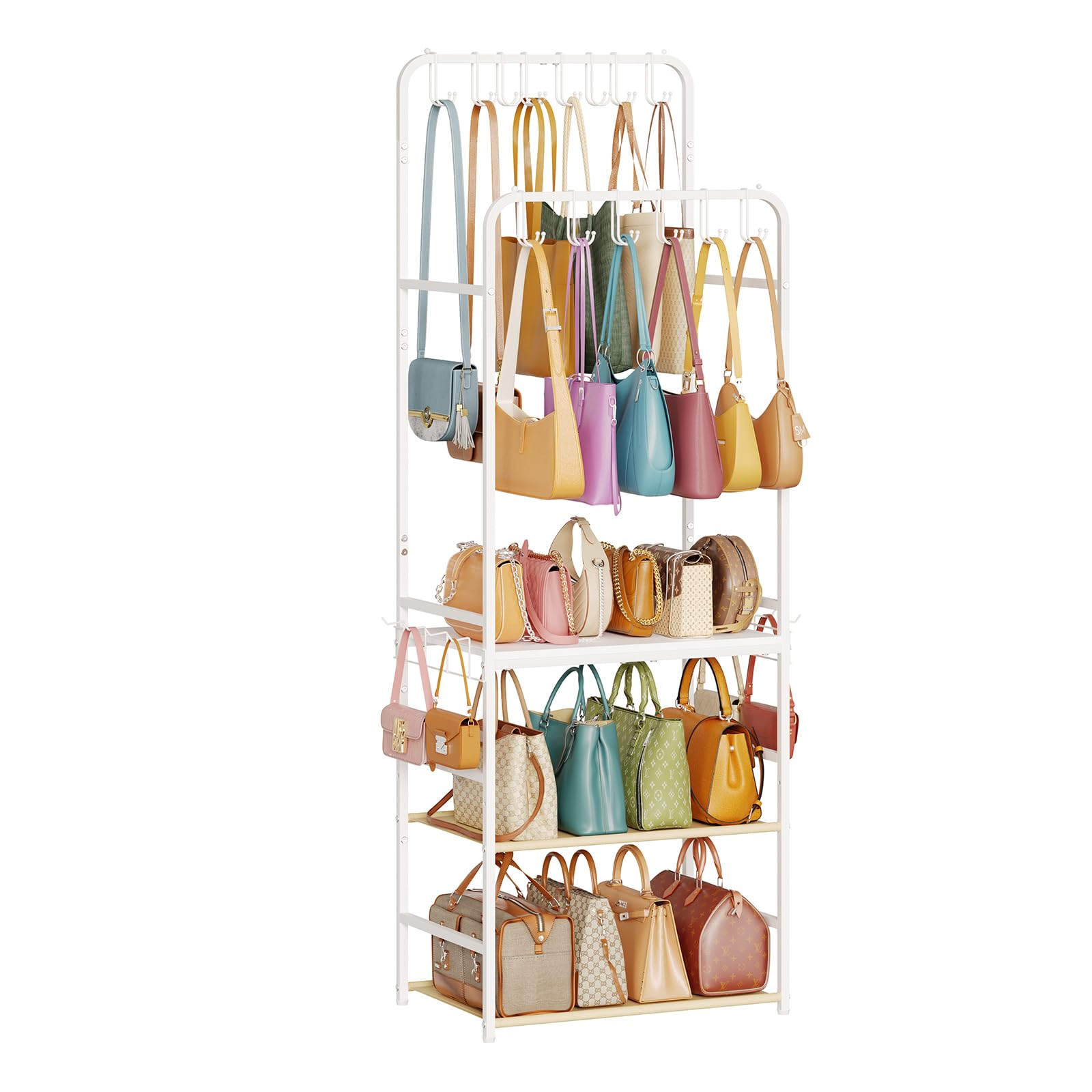 Large Tall Purse Organizer for Closet with 14 Purse Hanger Double Rods Purse Rack Stand with 8 Side