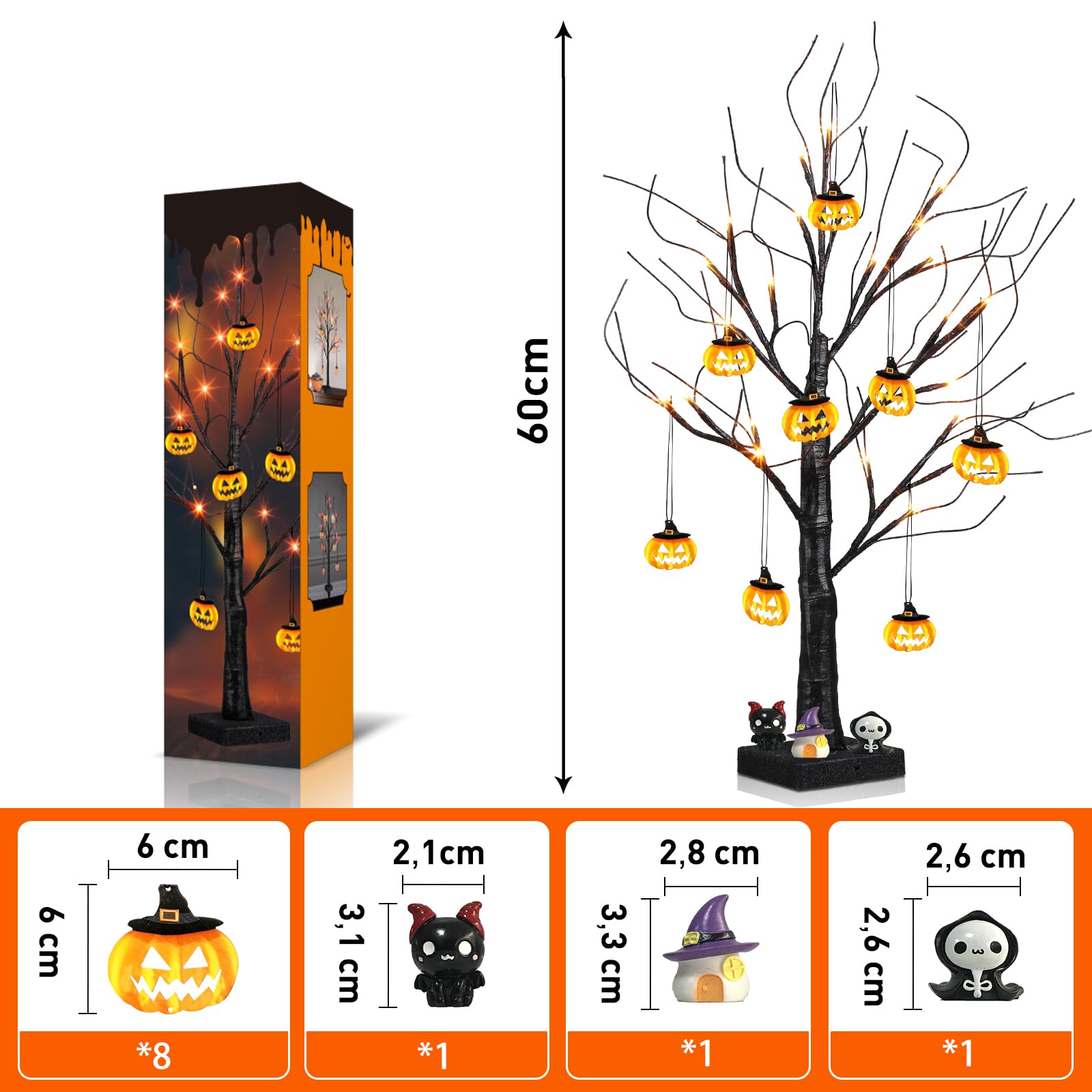 Confezione Da 2 Alberi Di Halloween Luminosi 61 Cm Con 24 Luci LED Arancioni E Viola, Timer, USB/batteria, Decorazione Da Tavolo Spettrale