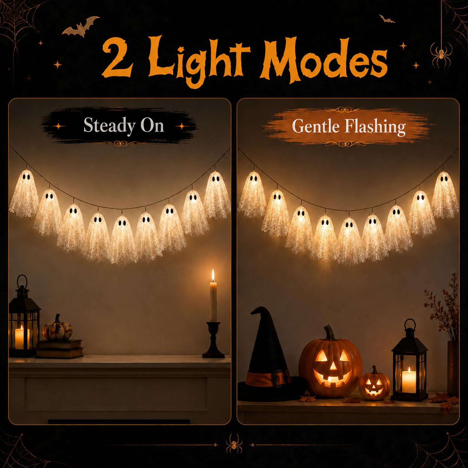 Juego de 2 luces de Halloween fantasma, 10 fantasmas LED de lentejuelas de color blanco cálido, 6.6 pies