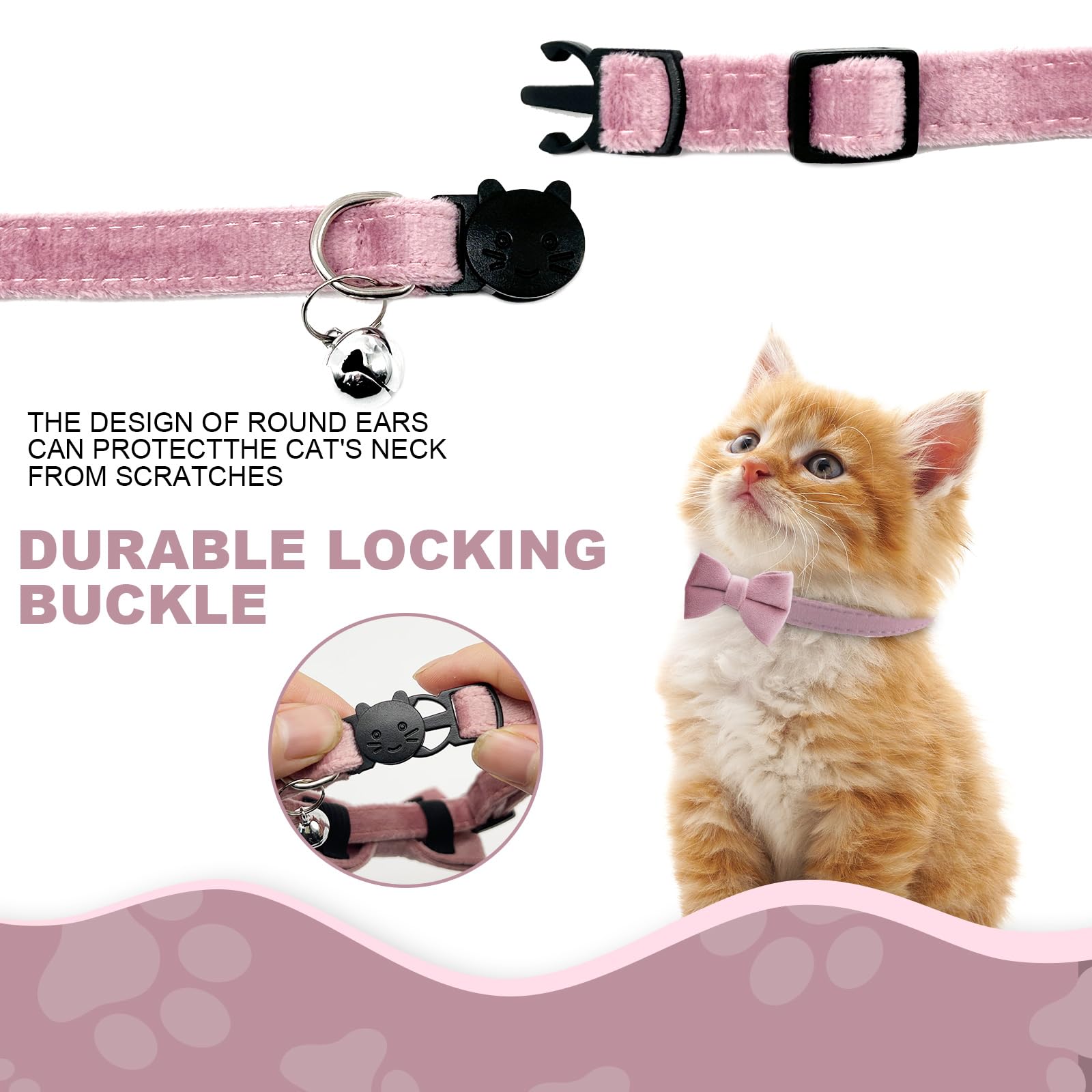 TUONYIS 4 Pcs Velvet Cat Collars with Bell, Adjustable Breakaway Cat Collars, Cat Bow Collar, Cat Bowtie, Black, Blue, Pink, Red - Image 3