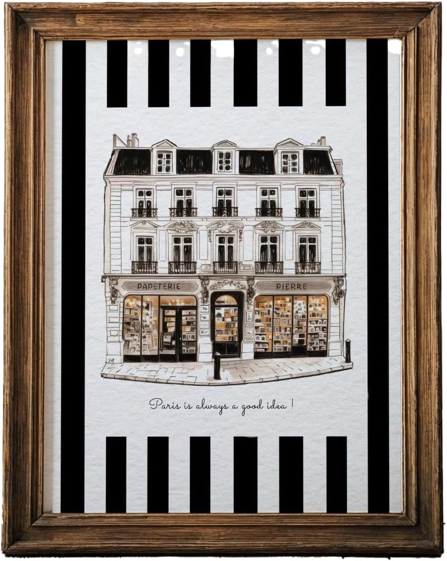 Paris Shop Art Print, Watercolor Line Drawing, Wall Decor, Museum-Grade Paper, Black & White Artwork, French Theme, Striped Wall Art, Hamptons Club Studio Illustration (28 x 36 cm 11 x 14)