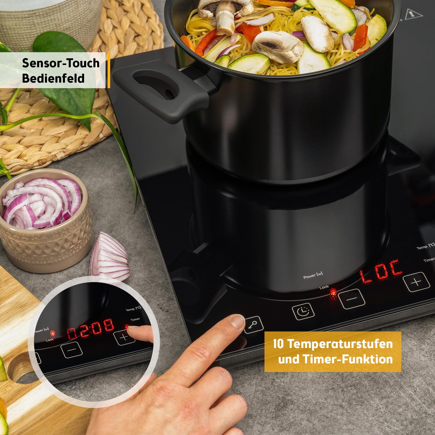 TZS First Austria - Induktionsdoppelkochplatte 3500W - 10 Temperaturstufen - Kristallglas - Digitales Kochfeld mit Touch-Sensor, Timer & Überhitzungsschutz - Ø 260 mm - Schwarz