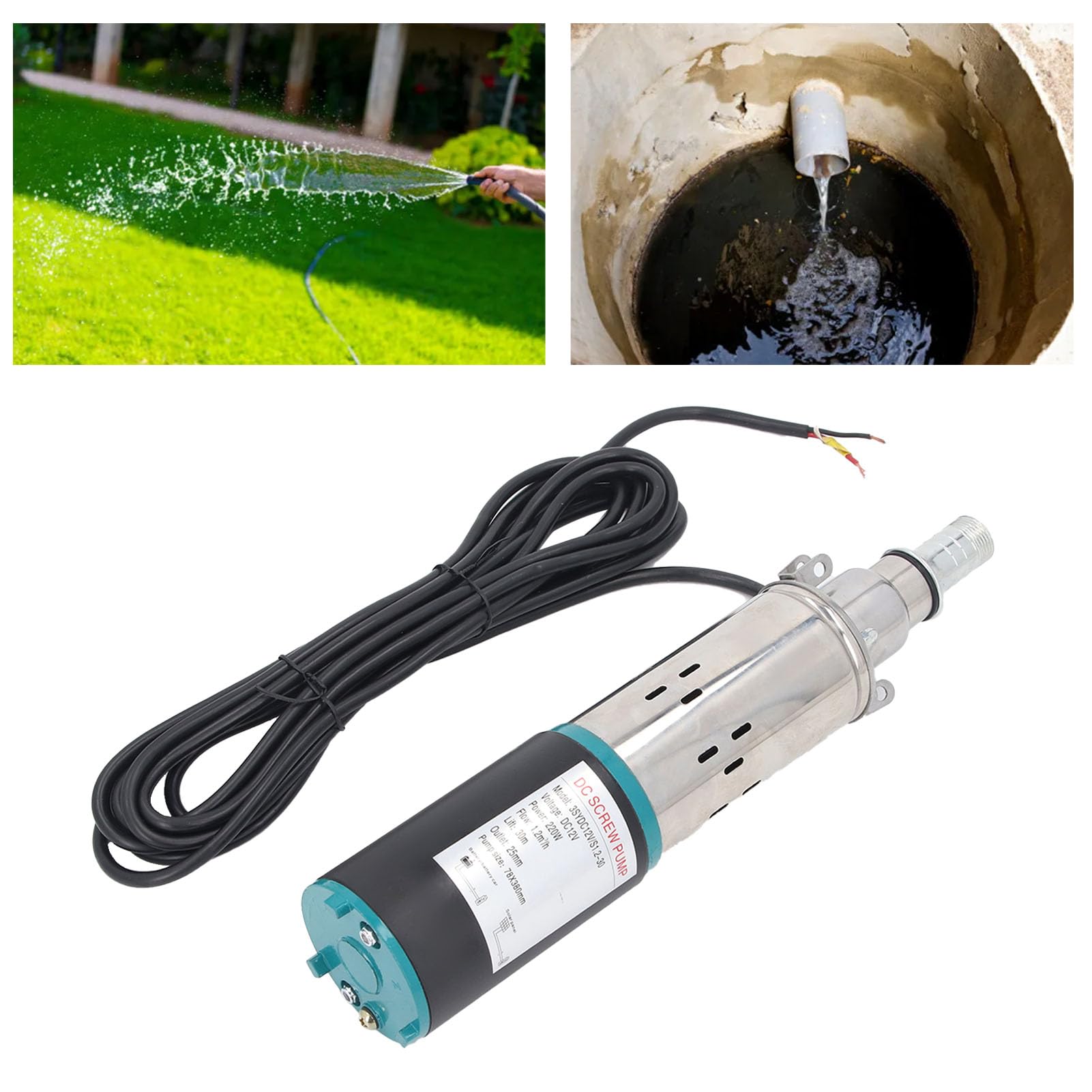 KIMISS Bomba Sumergible para Pozo Profundo 12V - Bomba de Tornillo de Alto Acero Inoxidable para Depósito de Agua, Cabezal de 30m, Caudal de 1,2m³/H