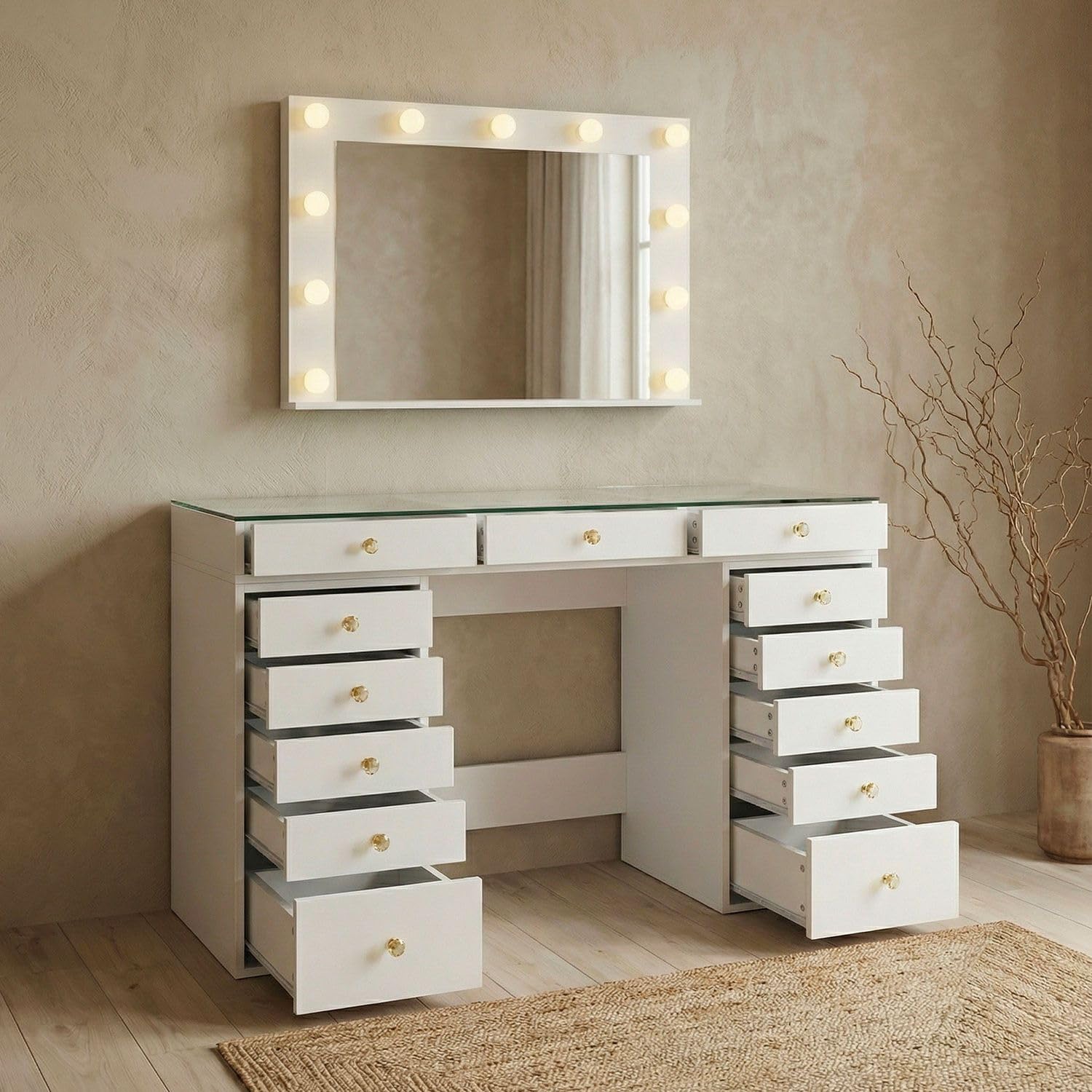 Menzzo Coiffeuse Probeauty 120 cm avec Miroir LED Lumineux – 13 tiroirs – Plateau en Verre – Table de Maquillage Design Moderne avec Grand Rangement – Meuble Coiffeuse Blanc