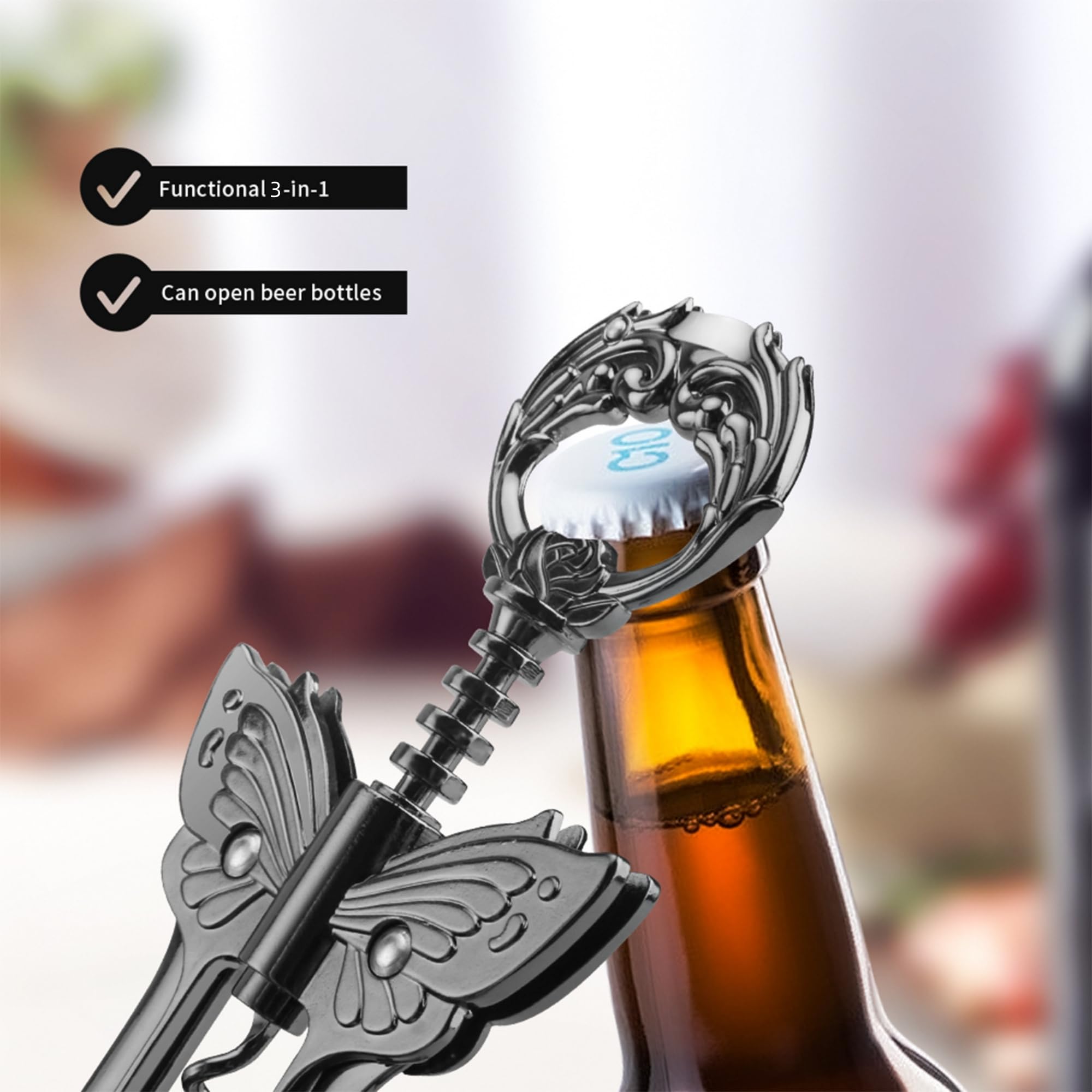 Abridor de vino, 3 en 1, sacacorchos de ala de alta calidad, abridor de botellas de vino con abrebotellas multifuncional y cortador de lámina dentada para vino y cerveza (negro) 4