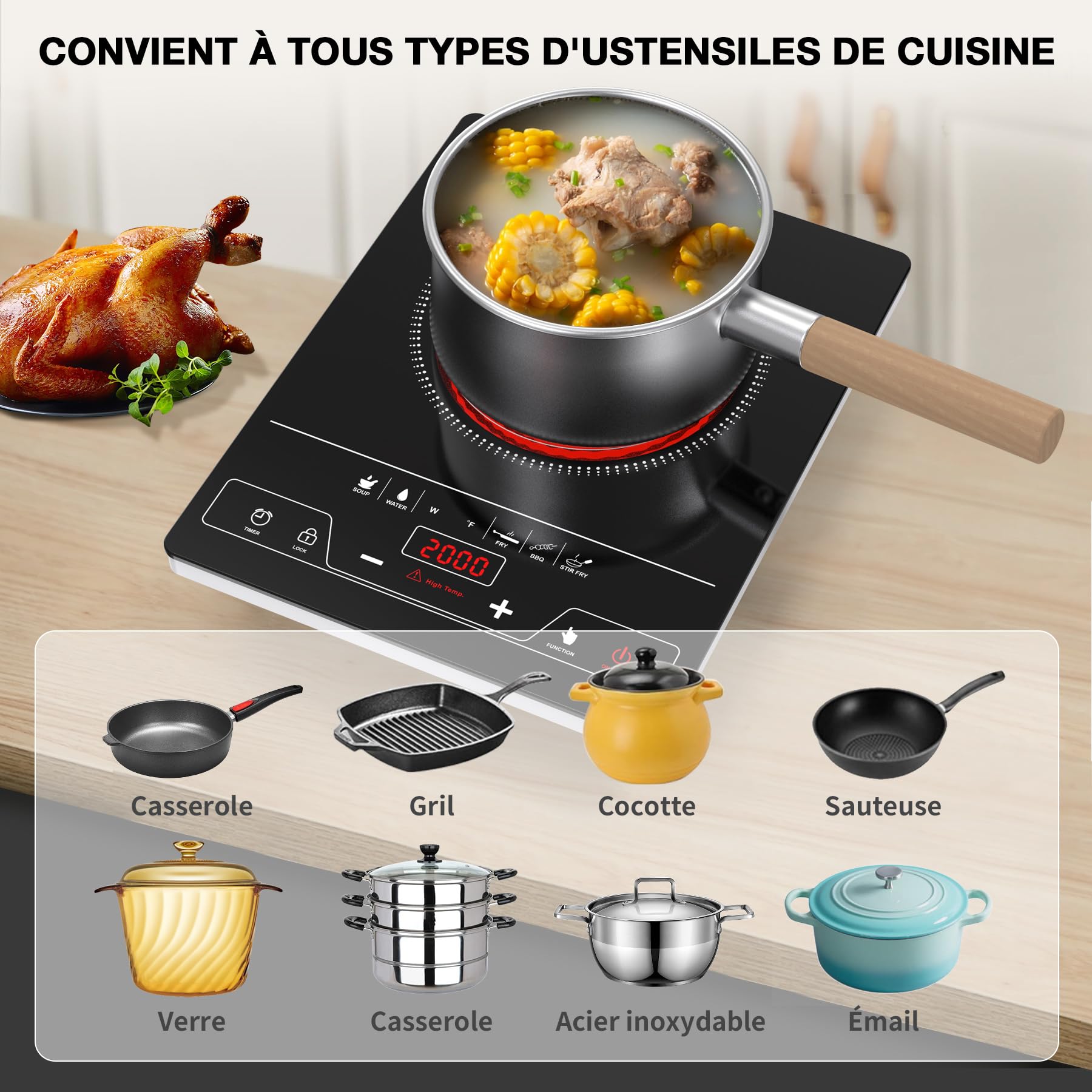 VBGK Plaque Vitrocéramique 1 Feu, Table de cuisson Electrique 2000W, Plaque de Cuisson avec Commande Tactile LED, 8 Niveaux de Puissance, Verrouillage Enfant
