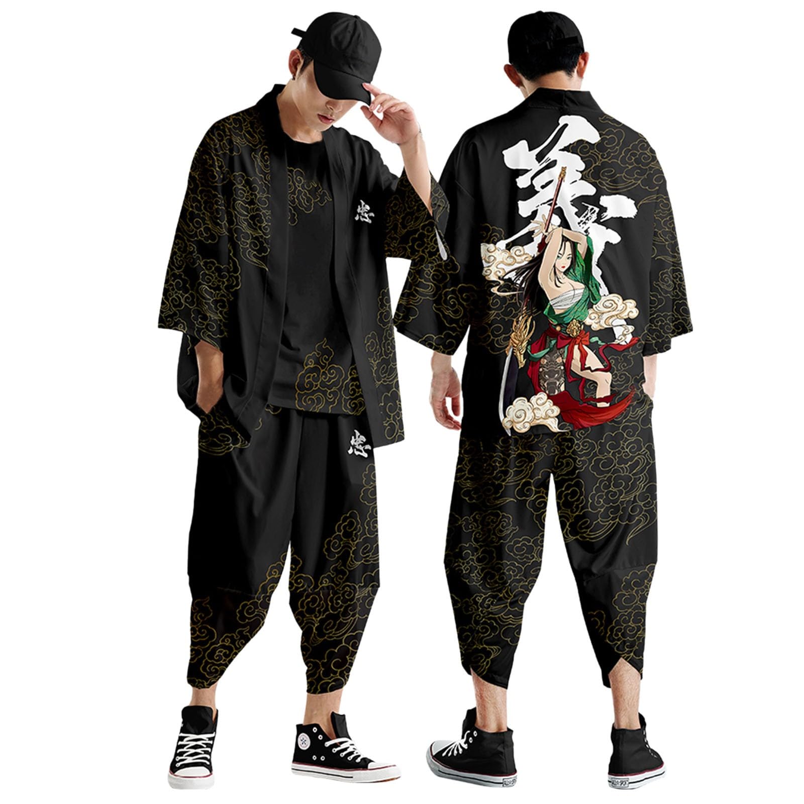 Generisch Conjunto de kimono para hombre, traje de verano tradicional, estampado japonés, cárdigan suelto y pantalones casuales, ropa holgada samurai, traje casual retro, traje deportivo Harajuku