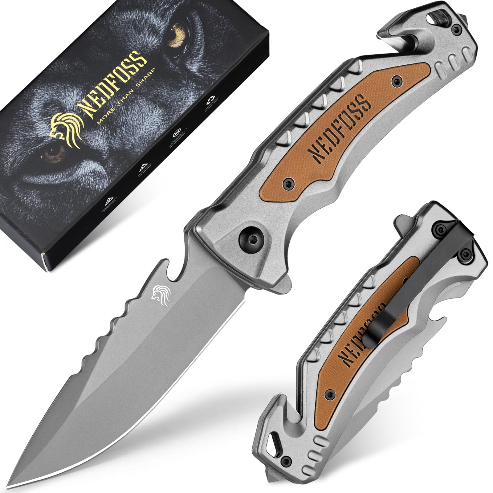 NedFossPocket Folding Knife DA169, 4 in 1 Pocket Knife for Men, Survival Knife with Liner-Lock Belt Clip, Seat Belt Cutter, Glass Breaker,Bottle Opener, Hunting knife for Camping Hiking (Grey)