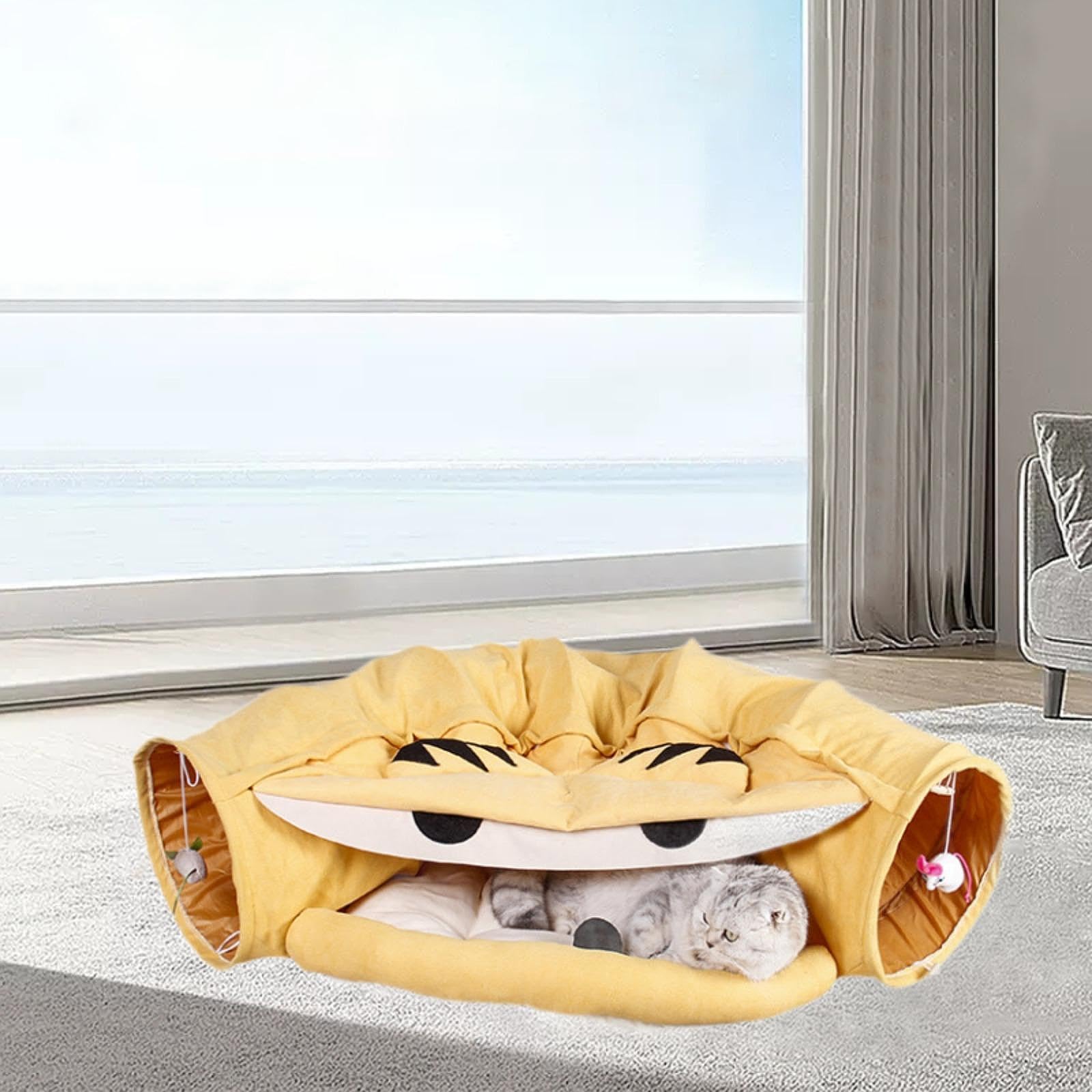 Tunnel pour Chat Tunnel pour Animal Lit pour Chat Tapis avec Jouet Flanelle Antidérapant Convient Aux Chats D'Intérieur Repos Cachette, Jaune