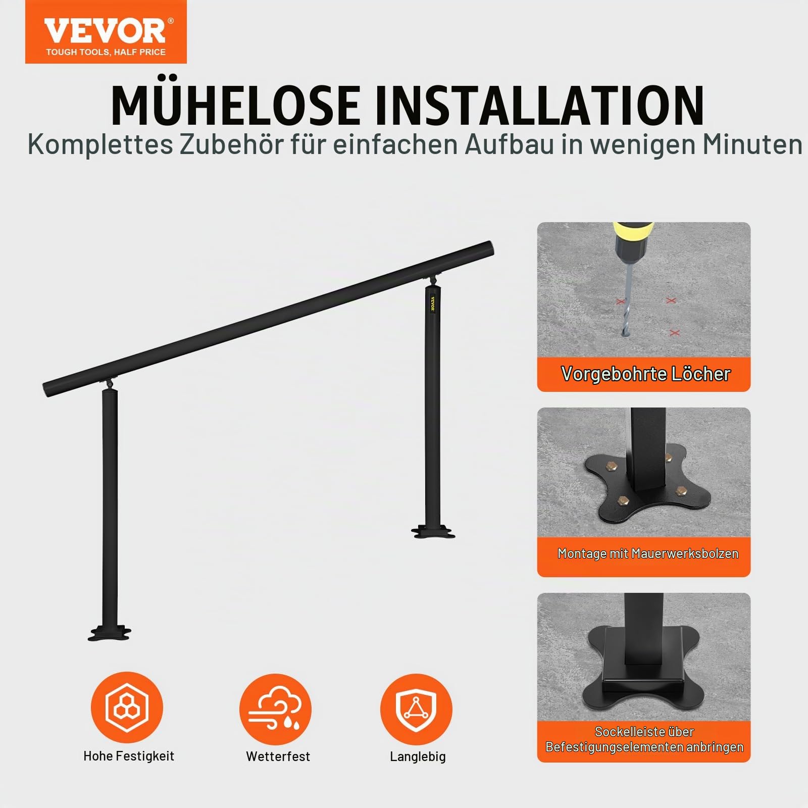 VEVOR Treppengeländer ohne Querstreben 152,8x91cm Handlauf Max. Höhe für Stufen Geländer aus Aluminium 70kg Tragfähigkeit Schwarz Ideal für Treppe mit 0-5 Stufen Veranden Gärten Hotels Garagen