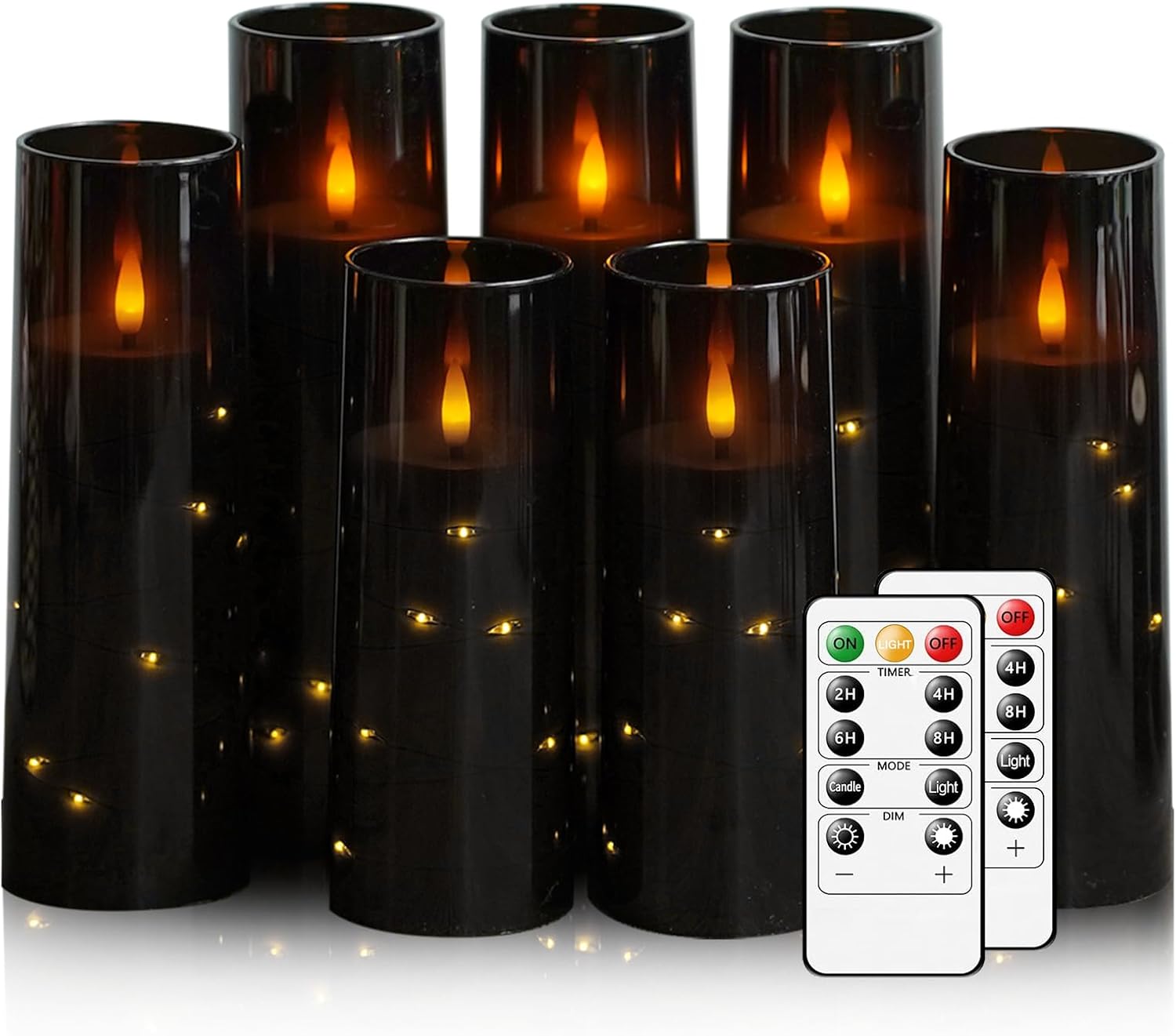 Flameless Candles,with Embedded Star String, Battery Operated Candles Flickering LED Pillar Candles with Remote Control and Timer, Home Decoration Add a Warm and Romantic Atmosphere?Set of 7 (Black) Black-7