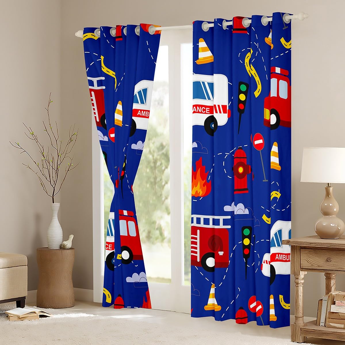 Bedluxy Fire Truck Car Window Curtains Cartoon Fire Truck Blackout Curtains for Kids Fire Engine Darkening Dreapes Cartoon Ambulance Car Window Treatments W46*L72 - Image 3