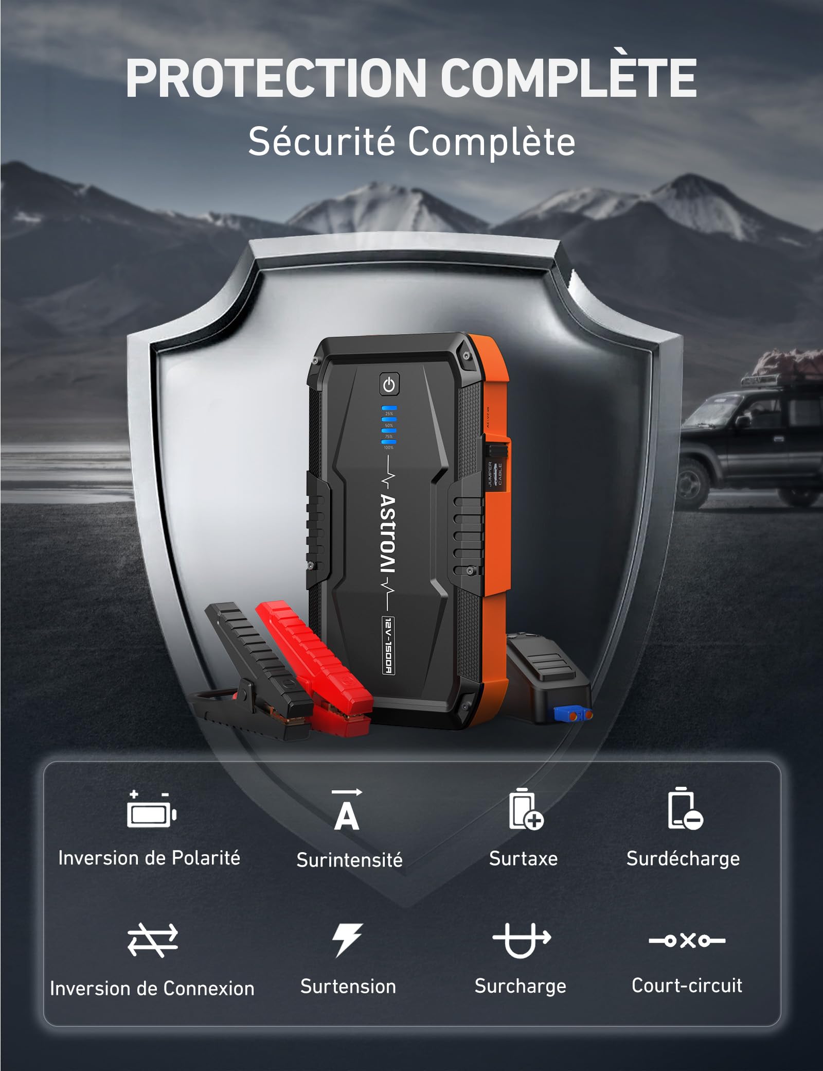 AstroAI B8 Booster Batterie Voiture, Démarreur Batterie Voiture Portable 12 V (pour 5,5 L Diesel ou 7,0 L Essence), avec Protection Intelligente et Lumière LED pour Moto，S8