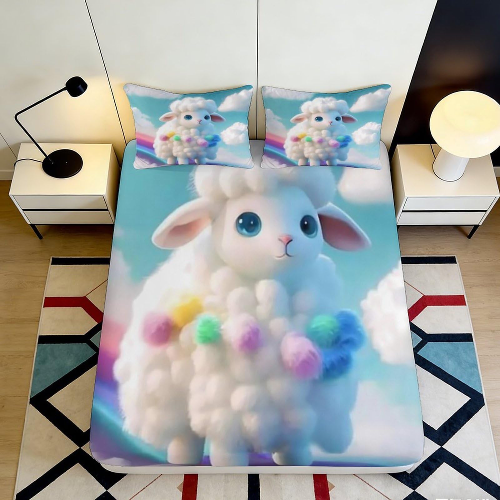 Pnayamiorkfel Style-4 3D Printed Cute Cloud Sheep Fitted Sheet Microfiber Soft Rainbow Pastel Bed Cover For Bedroom Dorm Decor 90X200x25cm