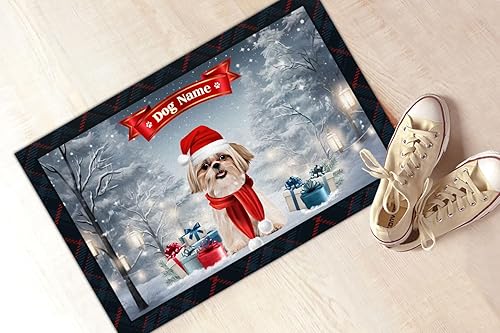 Miniatura 2 de kobalo Tapete personalizado de Navidad para puerta de bienvenida de perro Shih Tzu, tapete de Navidad personalizado para interiores y exteriores,