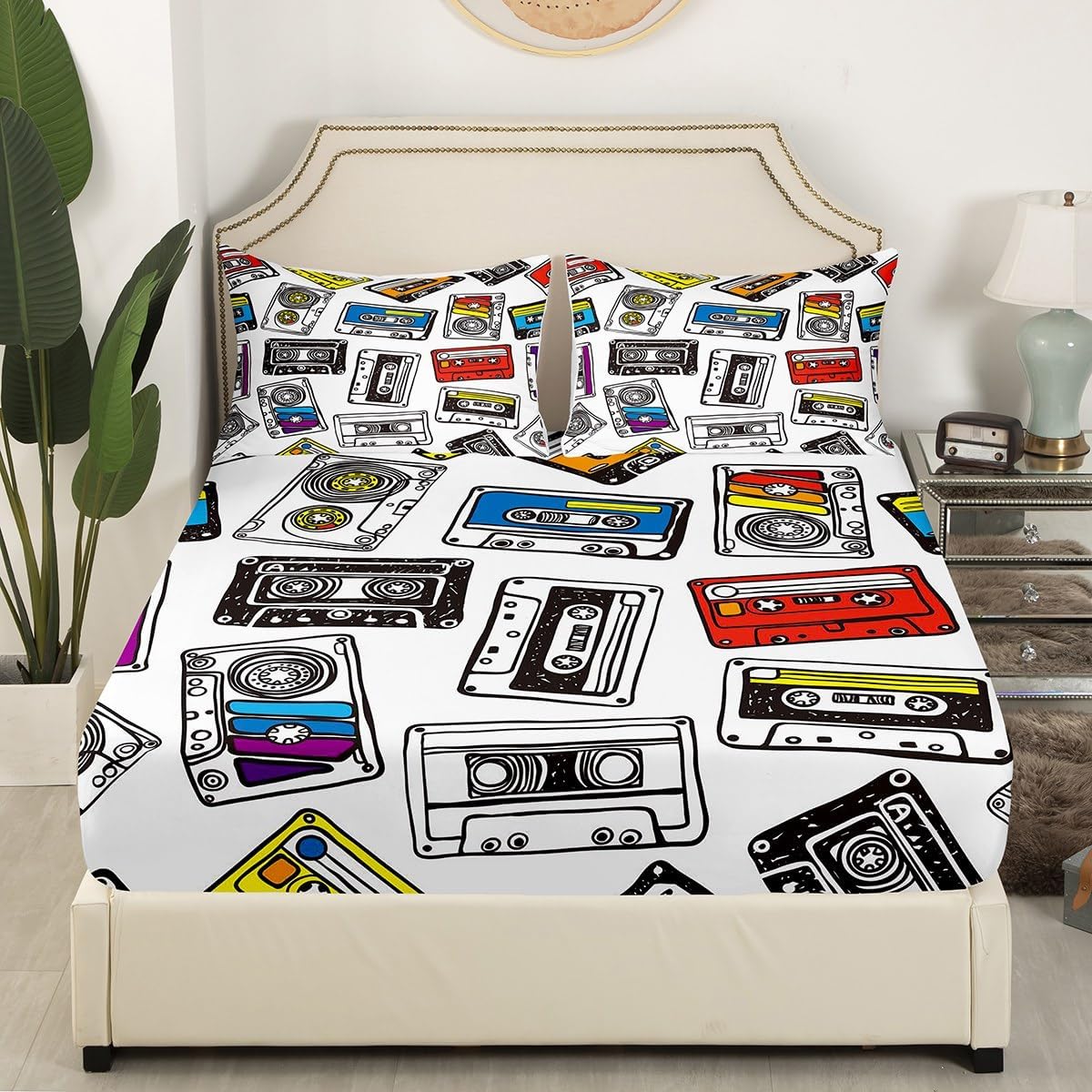 Erosebridal Vintage Old Fashion Bed Set Retro Audio Cassette Bed Sheets Set, Colorful Music Record Player Sheet Set Queen Red Black White Cassette Tape Sheets, 70s 80s Party Top Sheet