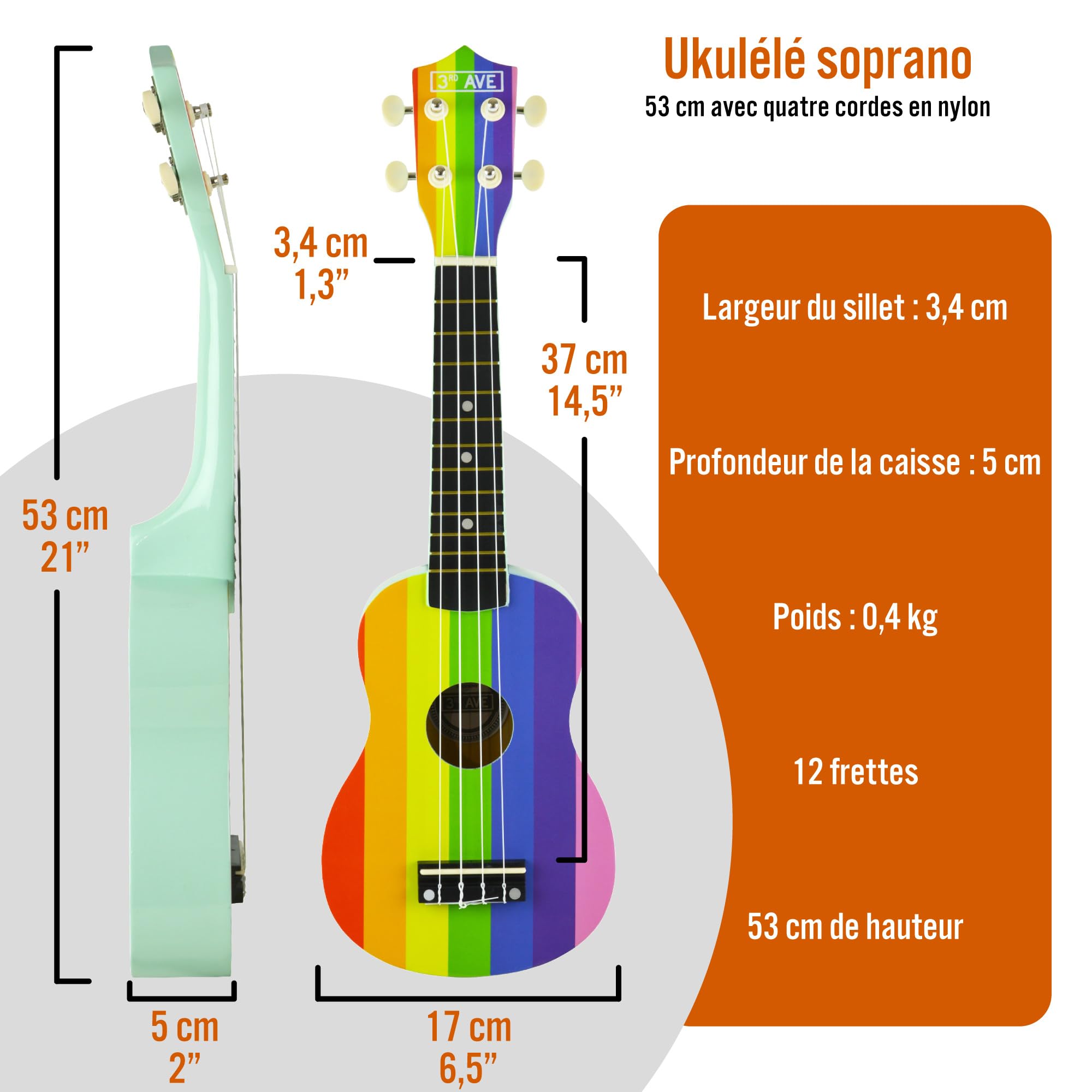 3rd Avenue Ukulélé Soprano Débutant 21 Pouces 4 Cordes en Nylon avec Sac pour Ukulélé Gratuit - Arc-en-Ciel - 1 Mois de Cours en Ligne Gratuits
