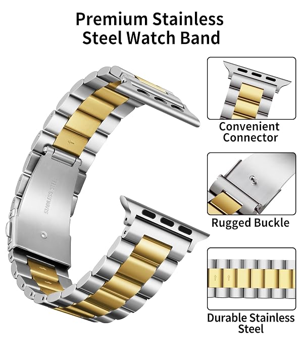 BINLUN Compatible with Apple Watch Band 42mm (Series 11/10), Matte Stainless Steel Metal Watch Strap with Polished Finish TPU Watch Case Compatible with iWatch Series 11 10 Women(Silver+Gold) by BINLUN - Image 2