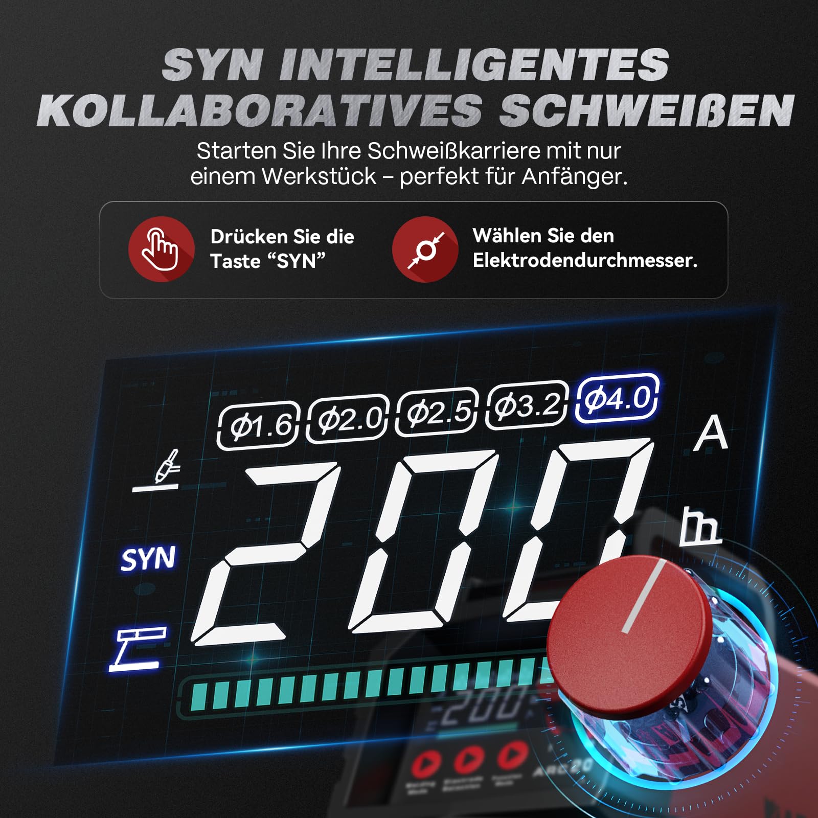 ARCCAPTAIN Schweißgerät ARC 200A mit LED-Anzeige SYN Steuerung, Elektroden Schweißgerät Stützen mit Lift TIG, Inverter Schweißgerät MMA IGBT, Tragbar und kompakt, Anti-Stick, Überhitzungsschutz