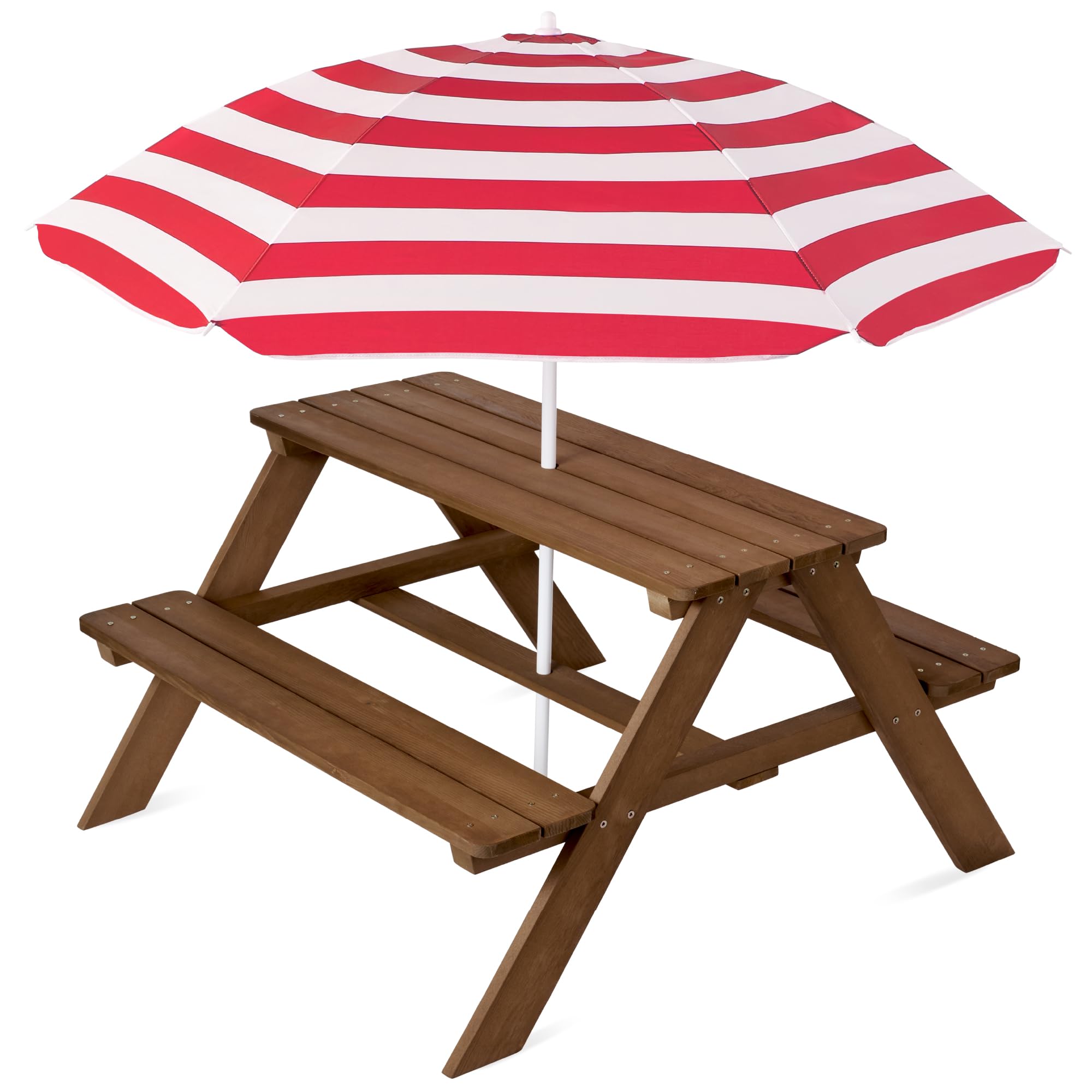 Best Choice Products Kids Wooden Picnic Table, Outdoor Activity & Dining Table w/Adjustable Collapsible Umbrella, Built-in Seats - Walnut/Red