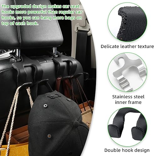 Miniatura 3 de Kewucn Gancho mejorado para reposacabezas de asiento de automóvil, organizador de almacenamiento de ganchos de asiento trasero de cuero duradero,