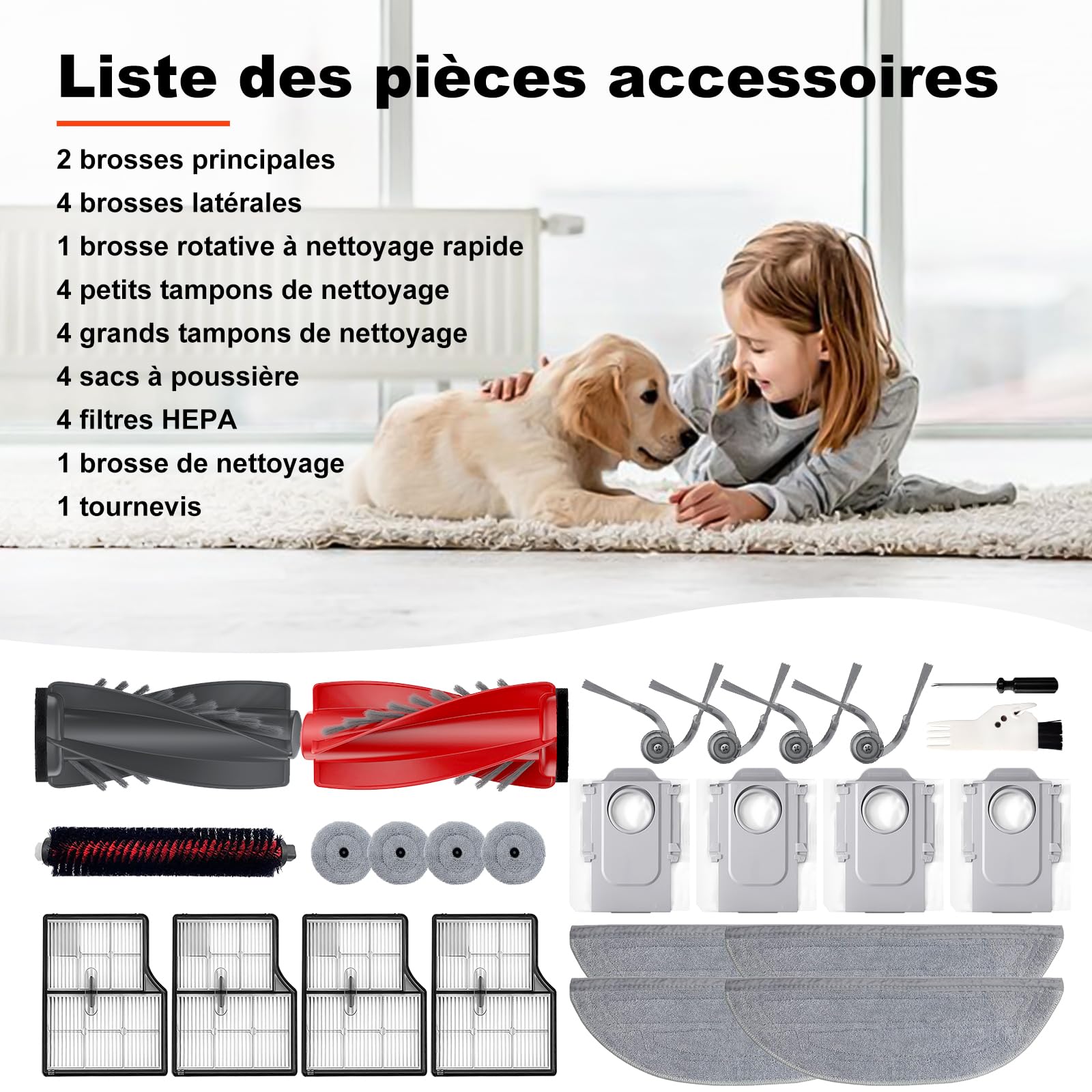 Saros 10 Accessoires de Rechange pour Roborock Saros 10, 25 Pièces, 2 Brosses Principales 4 Brosses Latérales 4 Sacs à Poussière 4 Filtres HEPA 4+4 Tampons de Vadrouille à Double Vibration
