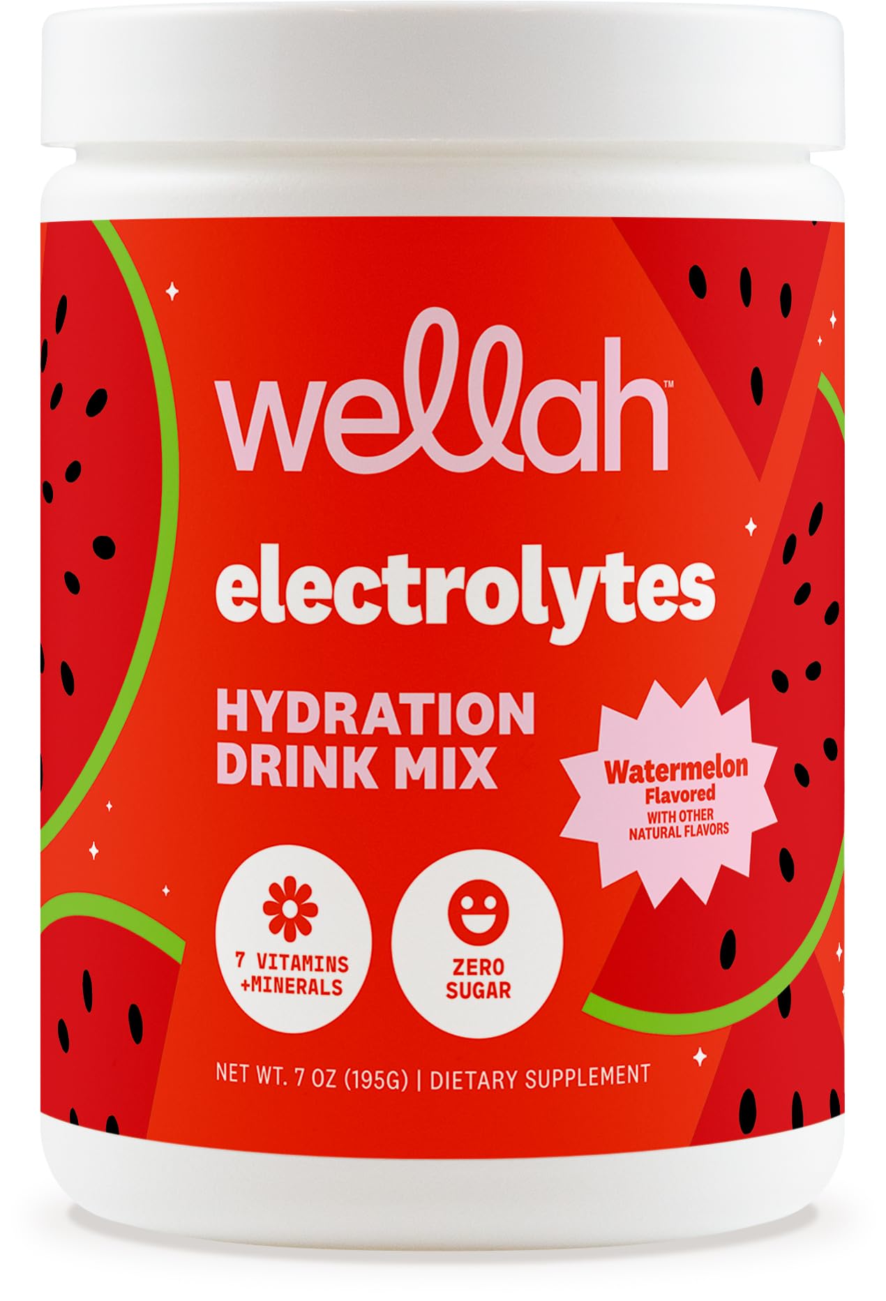 Wellah Electrolytes Powder (Watermelon) 50 Servings - Hydration Drink Mix, 7 Vitamins & Minerals, Zero Sugar