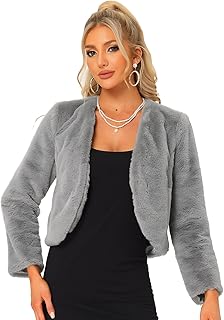 Cropped Jacket for Women's Faux Fur with Pockets Long Sleeve Open Front ...