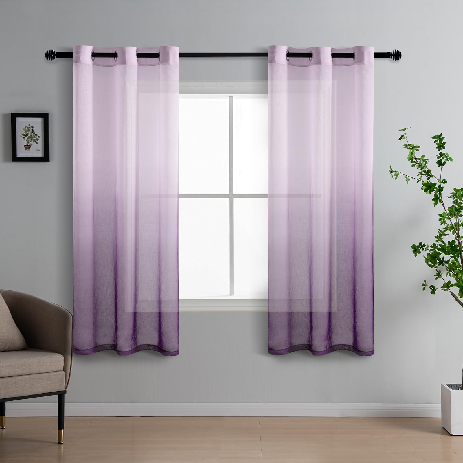 DWCN Voile Curtain Purple Gradient Curtains for Living Room Net Curtains for Windows Sheer Bedroom Crurtains Eyelet Set of 2