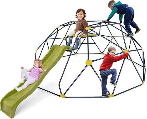 Miniatura 10 de HONEY JOY Cúpula de escalada de 10 pies con columpio, barra de mono mejorada para patio trasero, juguetes de escalada al aire libre para niños