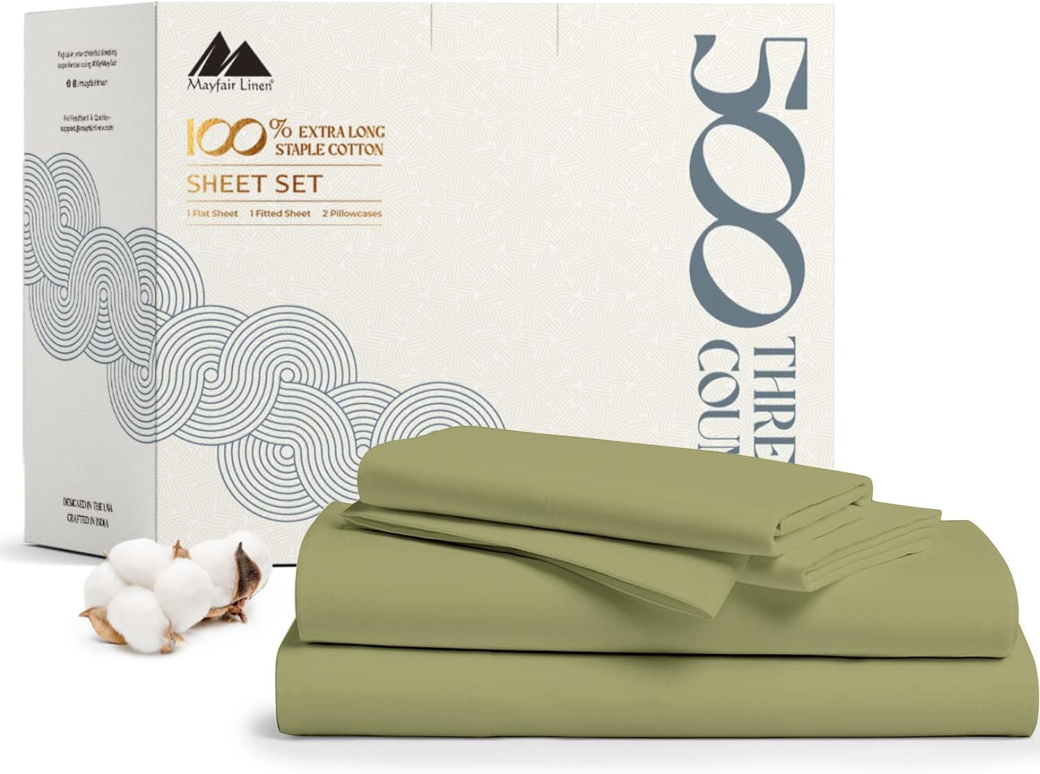 Mayfair Linen 500 Thread Count 100% Cotton Sheets King Size Bed Set - 4 PC King Bed Sheet Set Cotton (Sage Green), Soft, Cooling, Sateen 16" Deep Pocket Bedsheet for Hot Sleepers (Fits 18" Mattress)