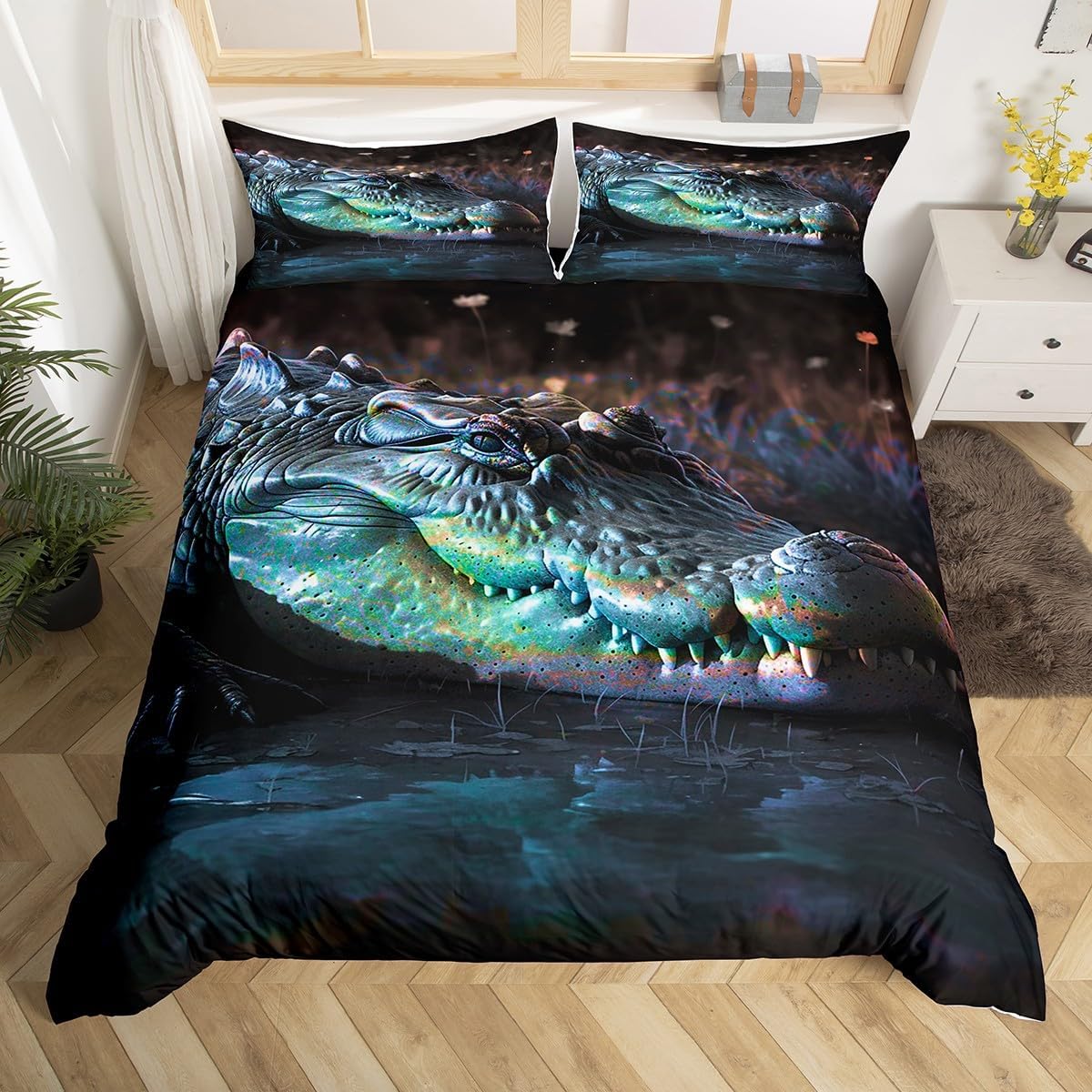 Feelyou Crocodile Comforter Cover Alligator Pattern Bedding Set Wild Animal Theme Duvet Cover for Children Kids Boys Girls Wildlife Style Decor Microfiber Bedspread Cover Room Decor King Size
