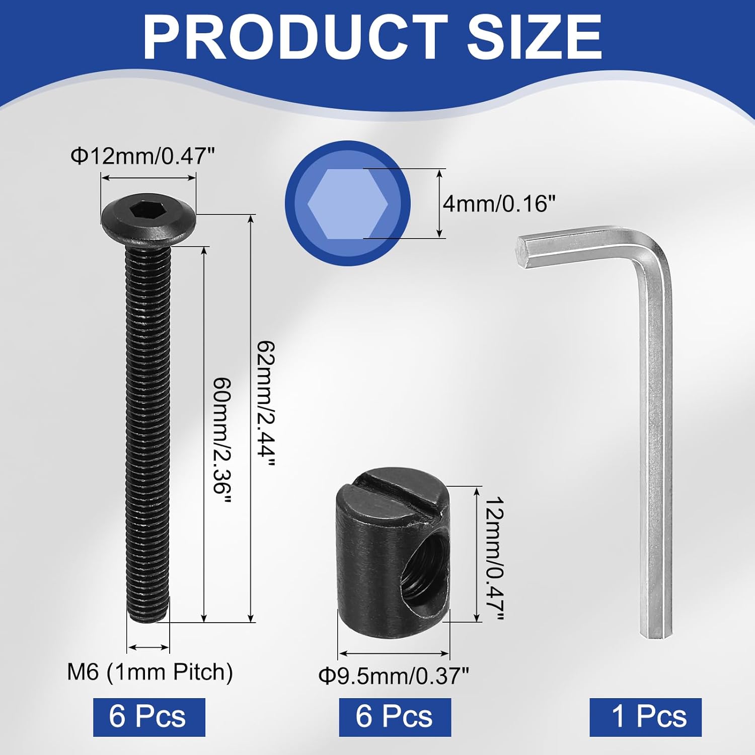 PATIKIL Furniture Bolt Nut Set, 6 Pcs M6 x 60 mm Metric Carbon Steel Flat Head Hex Socket Cap Screws Bolts with Barrel Nuts Hex Key Wrench for Beds Headboards Chairs, Black