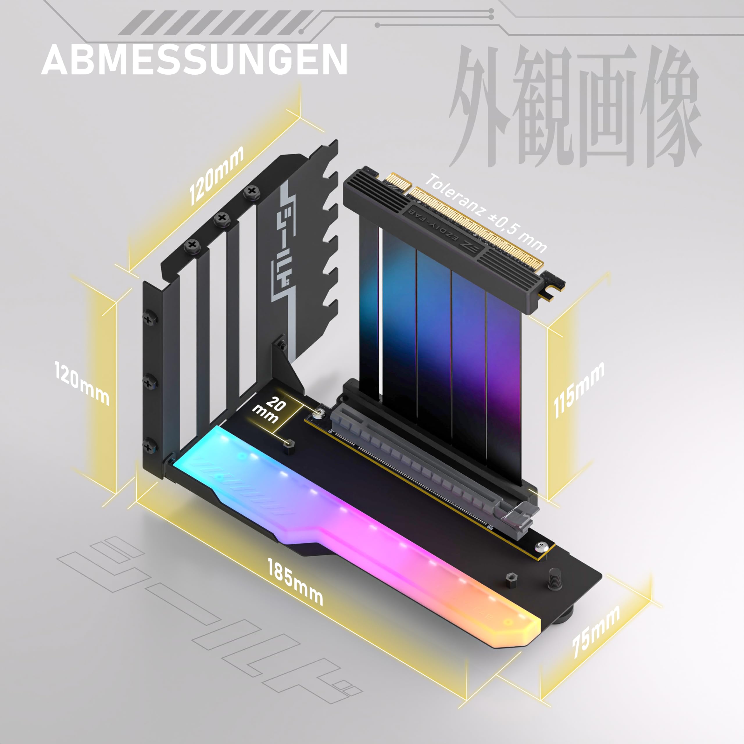 EZDIY-FAB Vertikale GPU-Halterung mit High-Speed 4.0 Riser-Kabel,ARGB-Modul,115mm/4.52in Flexible Verlängerung,90-Grad-Stecker,nur Kompatibel zu Voll-geöffneten PCIe-Steckplätzen-Schwarz-YIHPI344-2