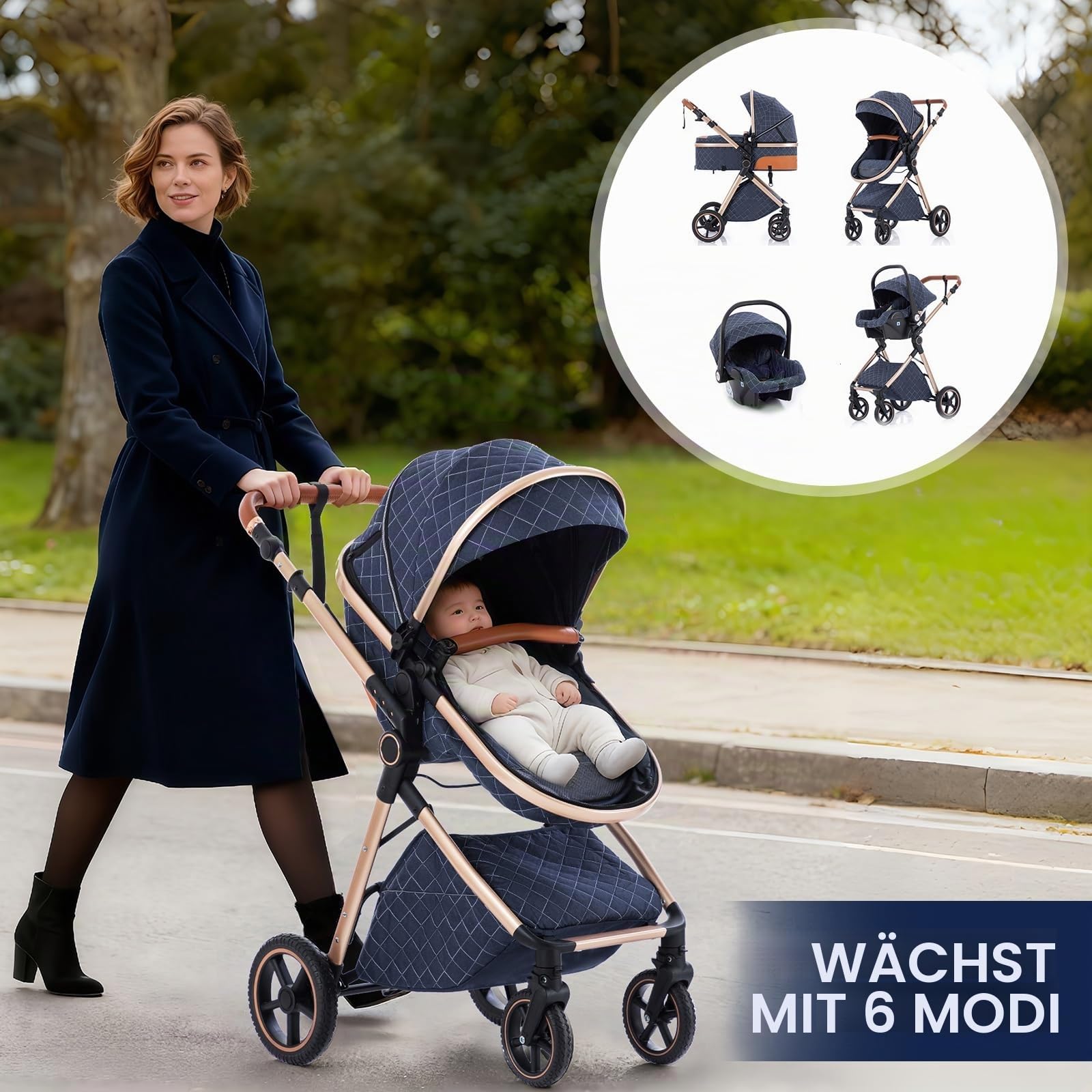 Gcarebb 3 in 1 Kinderwagen Reisesystem Mit Isofix Base, Buggy Mit Auto Babyschale, Mit Höhenverstellbarer Kinderwagen Komplettset, KombiKinderwagen Mit Aluminiumrahmen für Neugeborene 0 bis 3 Jahre