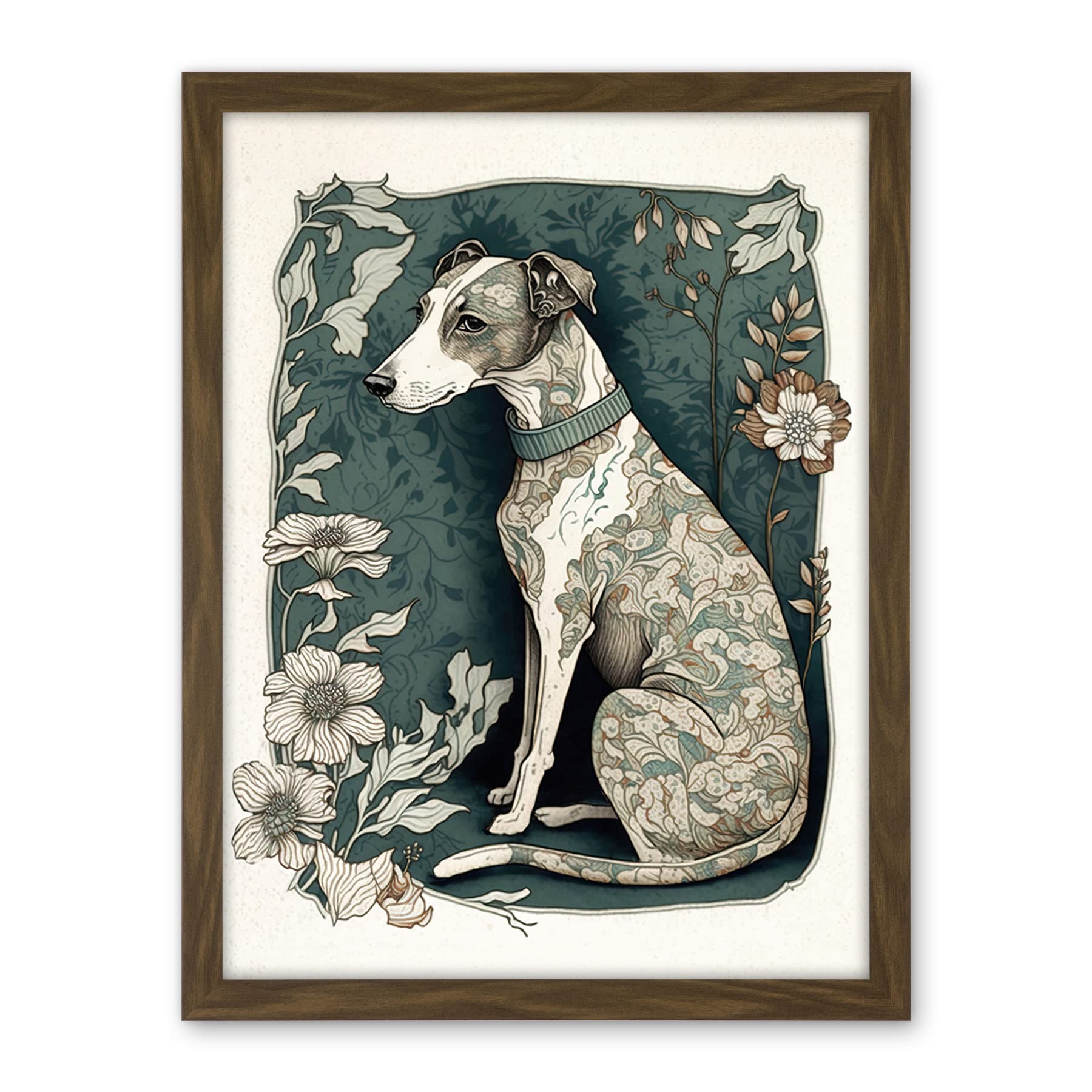 Artery8 Whippet Dog with Floral Pattern Fur Coat Art Nouveau Inspired Watercolour Illustration Artwork Framed Wall Art Print 18X24 Inch