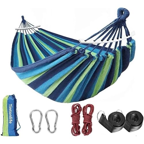 Tintonlife Brazilian Double Hammock 2 Person Canvas Cotton Hammock with Carrying Bag for Patio Porch Garden Backyard Lounging Outdoor/ Indoor Green Stripe Hammock