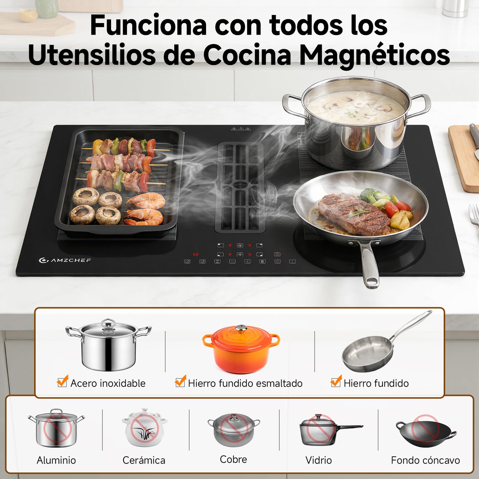 AMZCHEF Placa Inducción con Extractor Integrado, 7200W Placa Induccion 4 Zonas, 650m³/h Ventilación Automática Hob2Hood, 9 Niveles de Potencia, Temporizador & Bloqueo Infantil, Boost & Zona Flexible