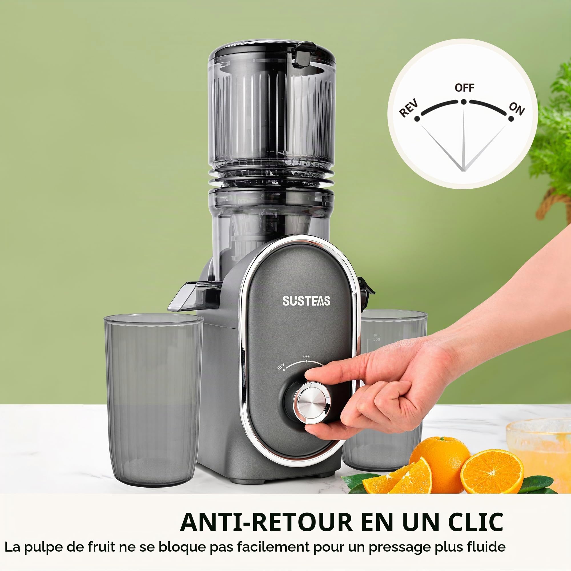 SUSTEAS Presse-agrumes à froid, goulotte d'alimentation de 13,5 cm (capacité de 1417,5 g), extracteur de jus à mastication lente de 300 W pour fruits et légumes entiers, alimentation automatique