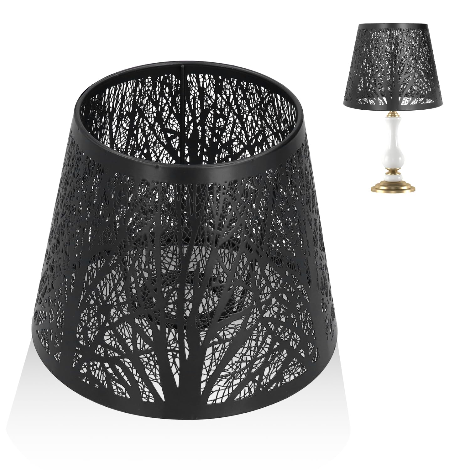 Tissting Black Wrought Iron Lampshade Carved Forest Tree Shaped Lamp Shade Vintage E27 Mini Decoration Light Cover For Table Lamp Bedside Lamp Floor Lamp(Black)