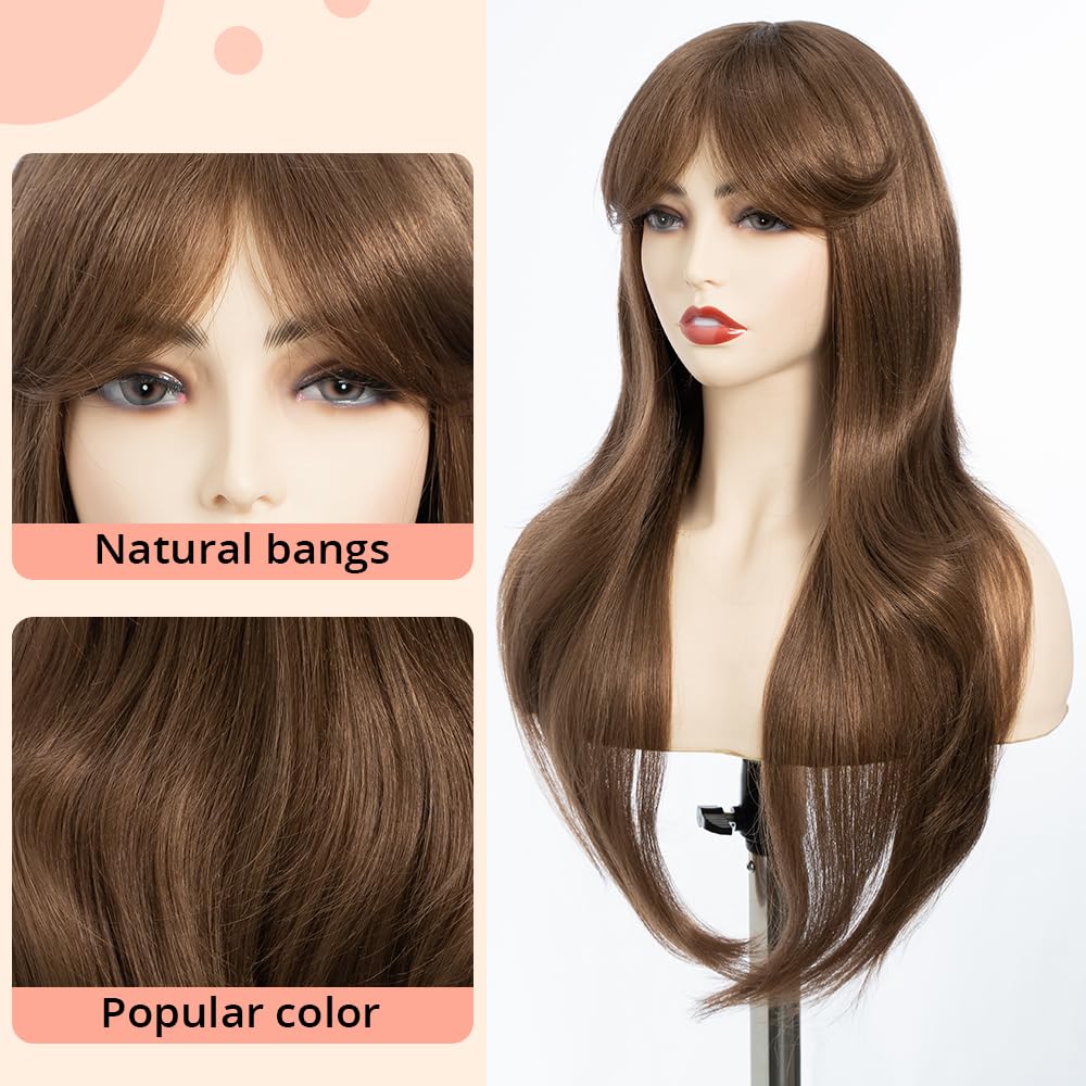 DÉBUT Long Brown Wig With Fringe for Women Heat Resistant Synthetic Layered Hair Wigs With Bangs for Daily Party Cosplay Use(26 inches - Image 3