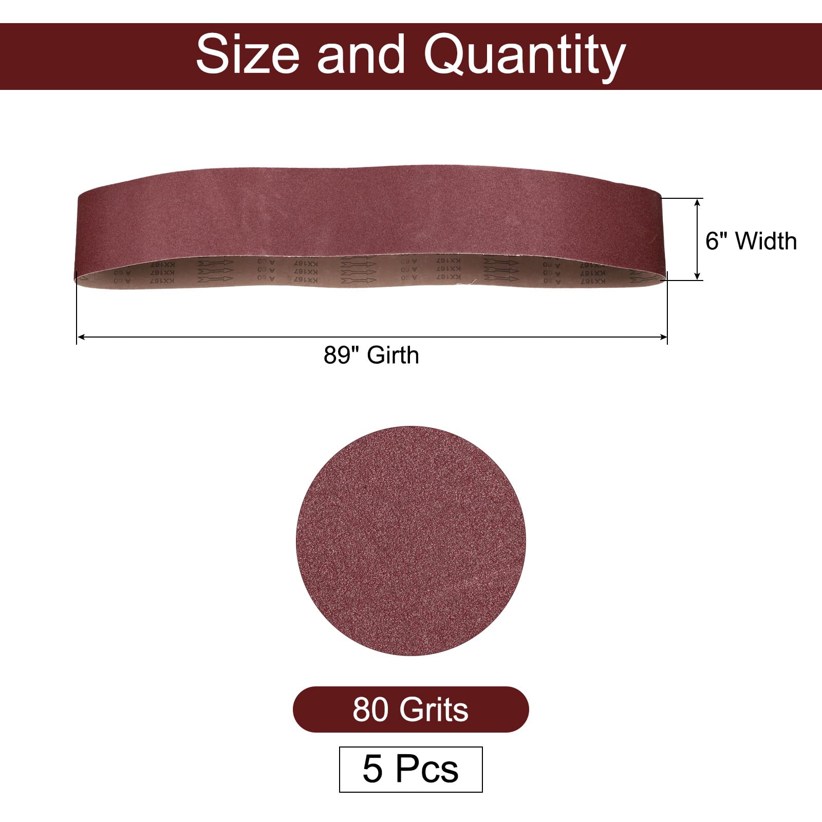 QUARKZMAN 5pcs 6" x 89" Bandas De Lija 80 Granos Óxido De Aluminio Papel De Lija Para Lijadora De Banda Para Pulido Y Molienda De Metal Y Madera, Color Marrón Rojizo