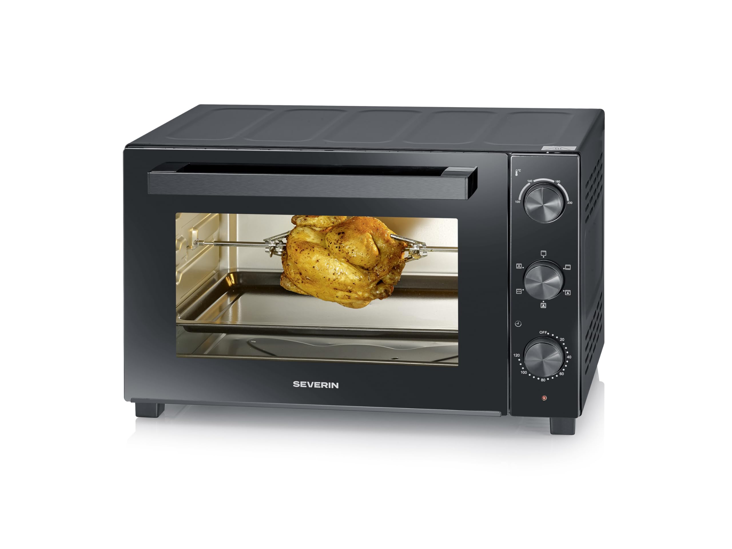 Severin Horno de sobremesa con función de convección, incluye asador giratorio para carne, horno de convección de 46 litros de capacidad, 100-230°C, temporizador de 120 minutos, 1800 W, negro, TO 9025