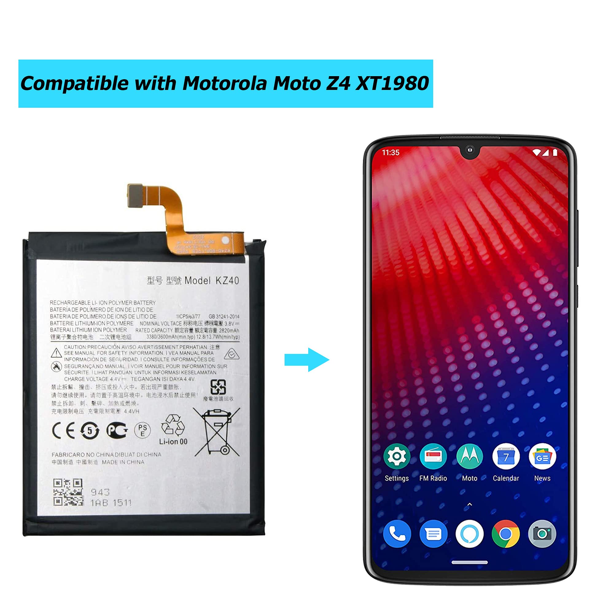 Amazon.com: Vvsialeek KZ40 Replacement Battery for Moto Z4 XT1980