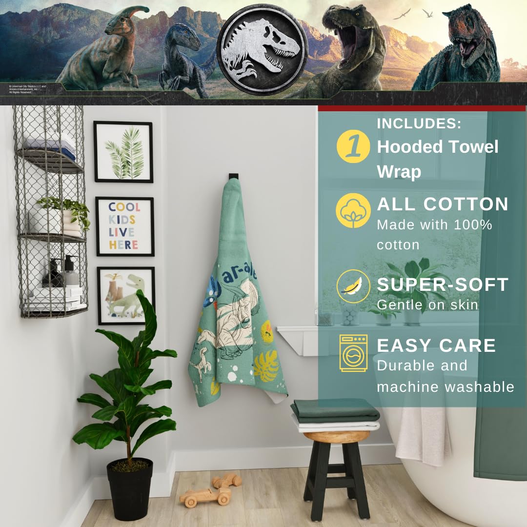 Franco Jurassic World Kids - Toalla de rizo de algodón suave con capucha para baño, piscina, playa, 24 x 50 pulgadas (producto oficial)