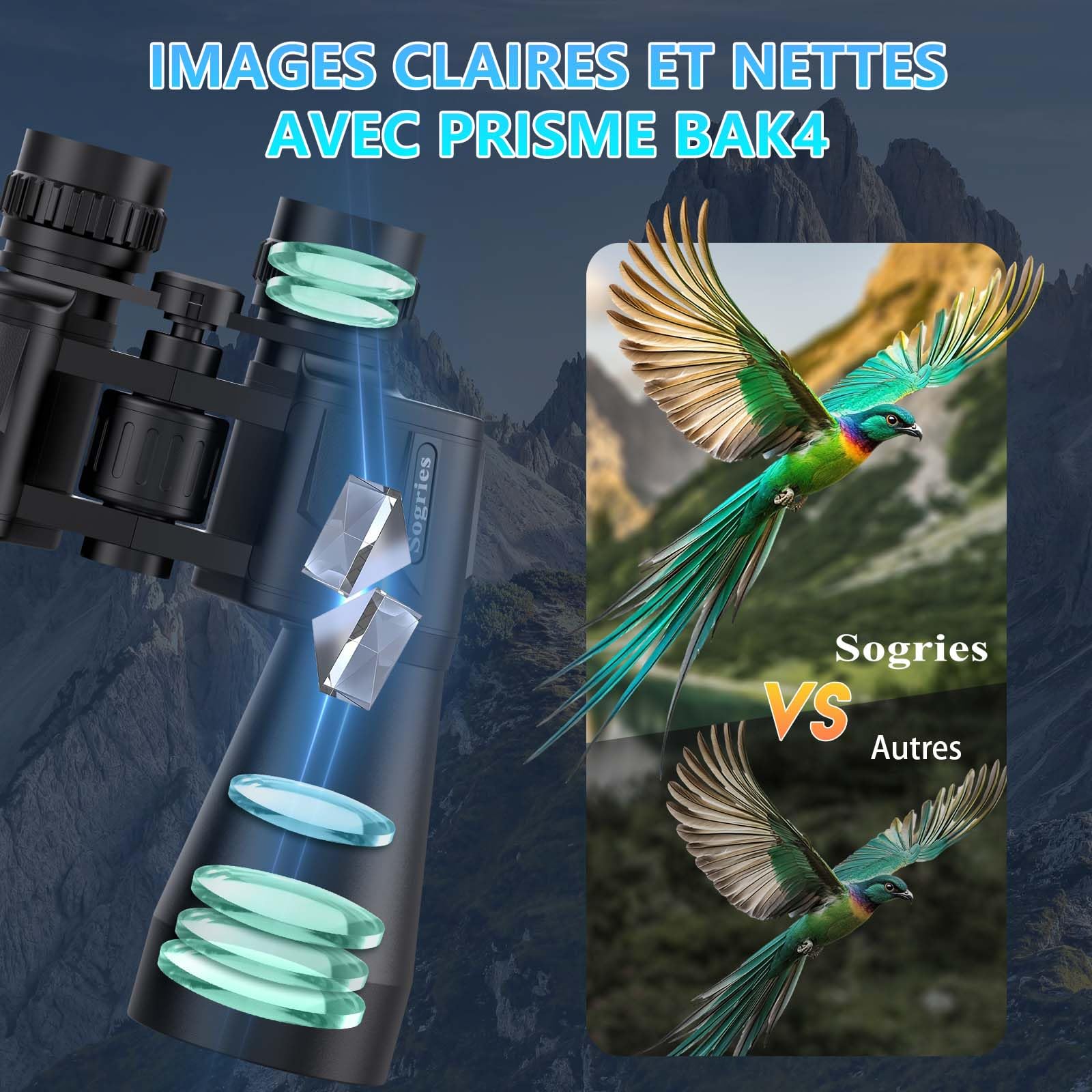 Jumelles compactes 20 x 60 pour Adultes, Haute Puissance, étanches et antibuée pour Observation des Oiseaux avec Vision en Faible luminosité, Chasse, Voyage, Sac de Transport Inclus