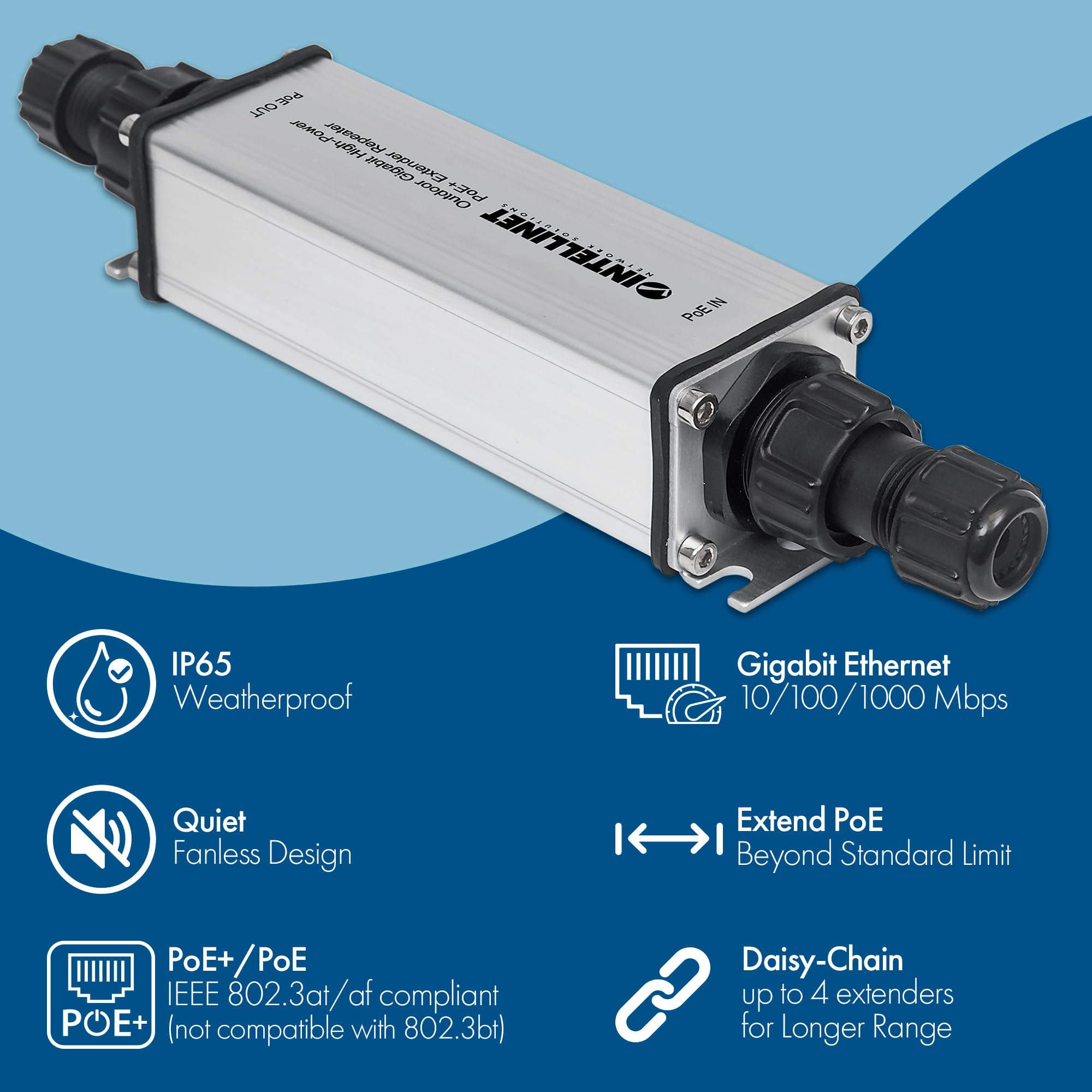 Intellinet Outdoor Gigabit PoE+ Extender Repeater – POE IP65 Rating – 25W Power Budget via Cat5e Cat6 RJ45 Ethernet Network Cables, Daisy-Chain – 3 Yr Mfg Warranty – 561211