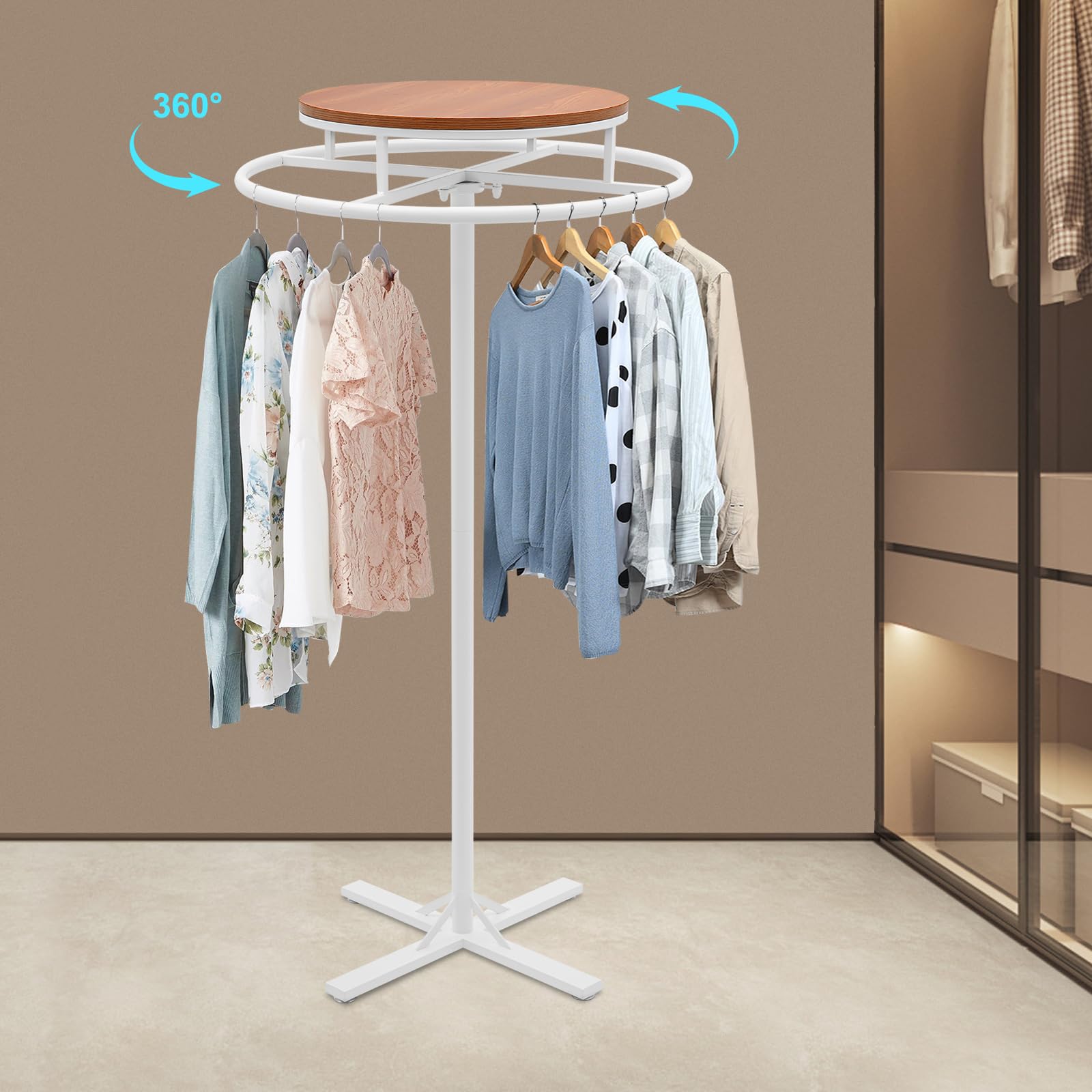 kunghei 28 * 51 inch Retail Clothing Garment Racks with Display Table, White 360° Rotatable Floor-Standing Clothes Storage Rack for Bedrooms Boutiques Retail Commercial Shop Laundry Room