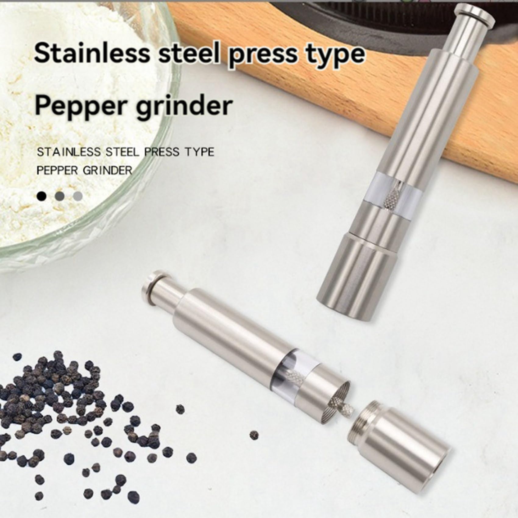 10-Teiliges Manuelles Salz- und Pfeffermühlen-Set, Edelstahl-Druckknopfmühle, Daumenmühle für Schwarzen Pfeffer, Meersalz